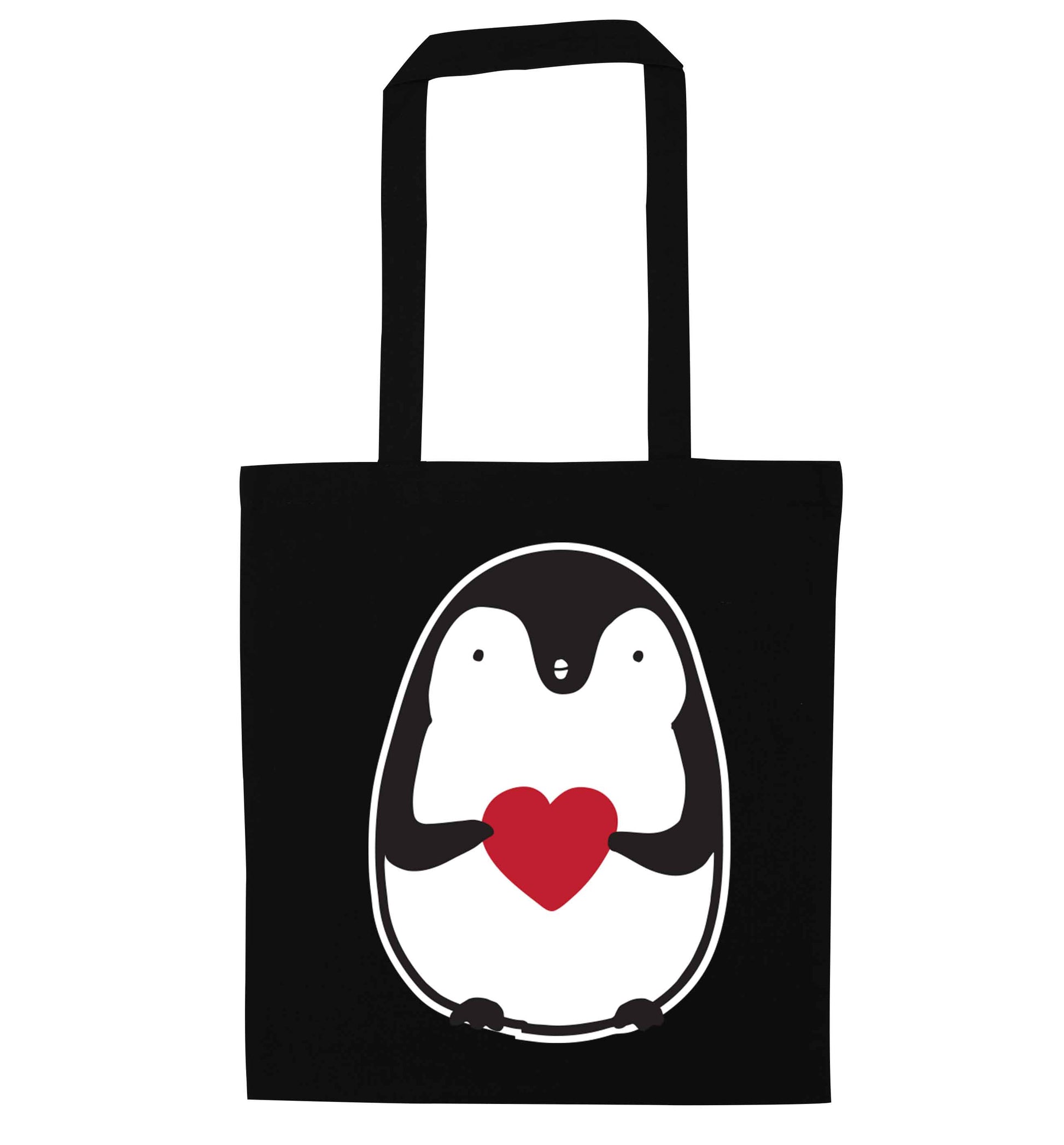Cute penguin heart black tote bag