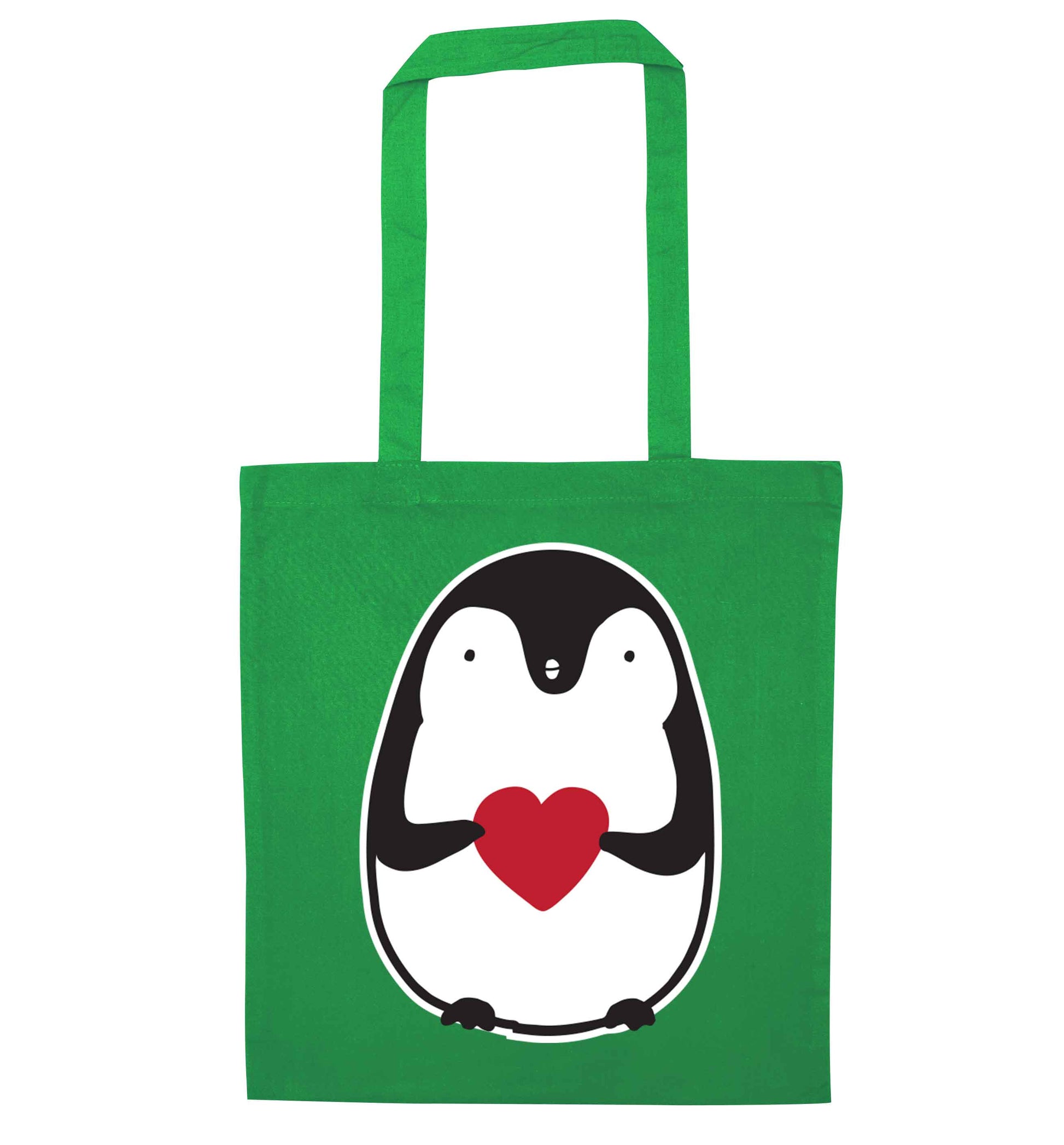 Cute penguin heart green tote bag