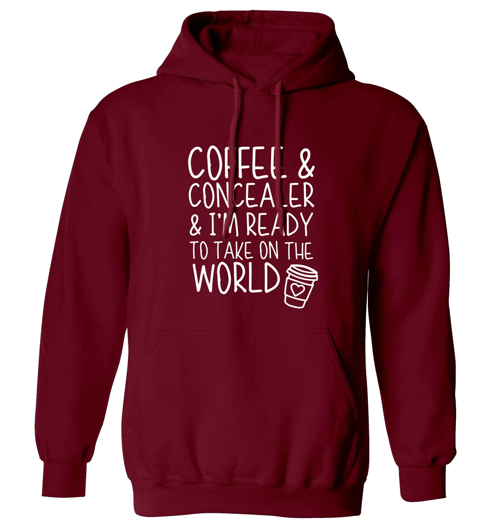 Coffee and concealer and I'm ready to take on the world adults unisex maroon hoodie 2XL