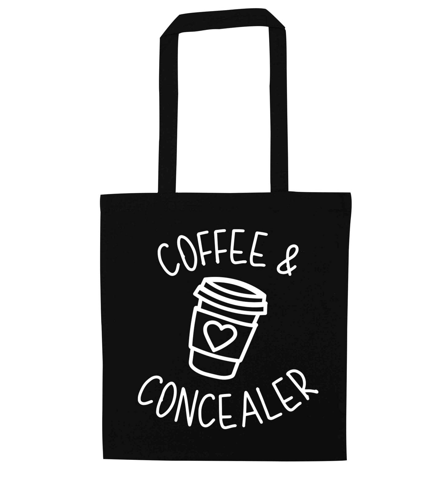 Coffee and concealer black tote bag