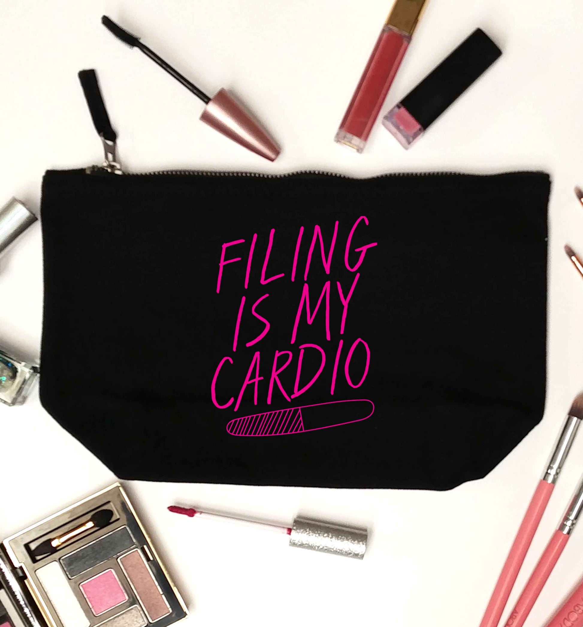 neon pink filing is my cardio black makeup bag