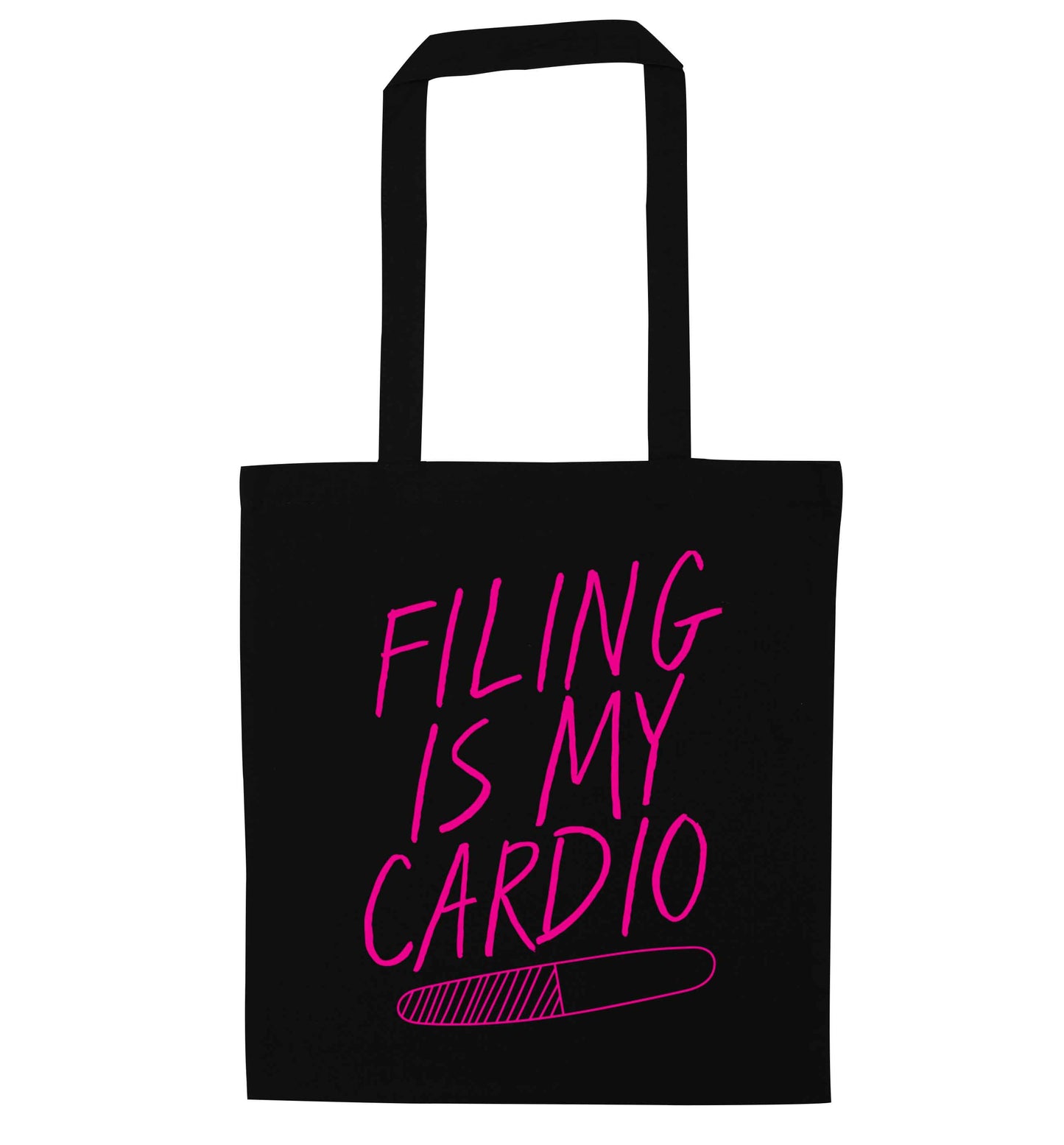 neon pink filing is my cardio black tote bag