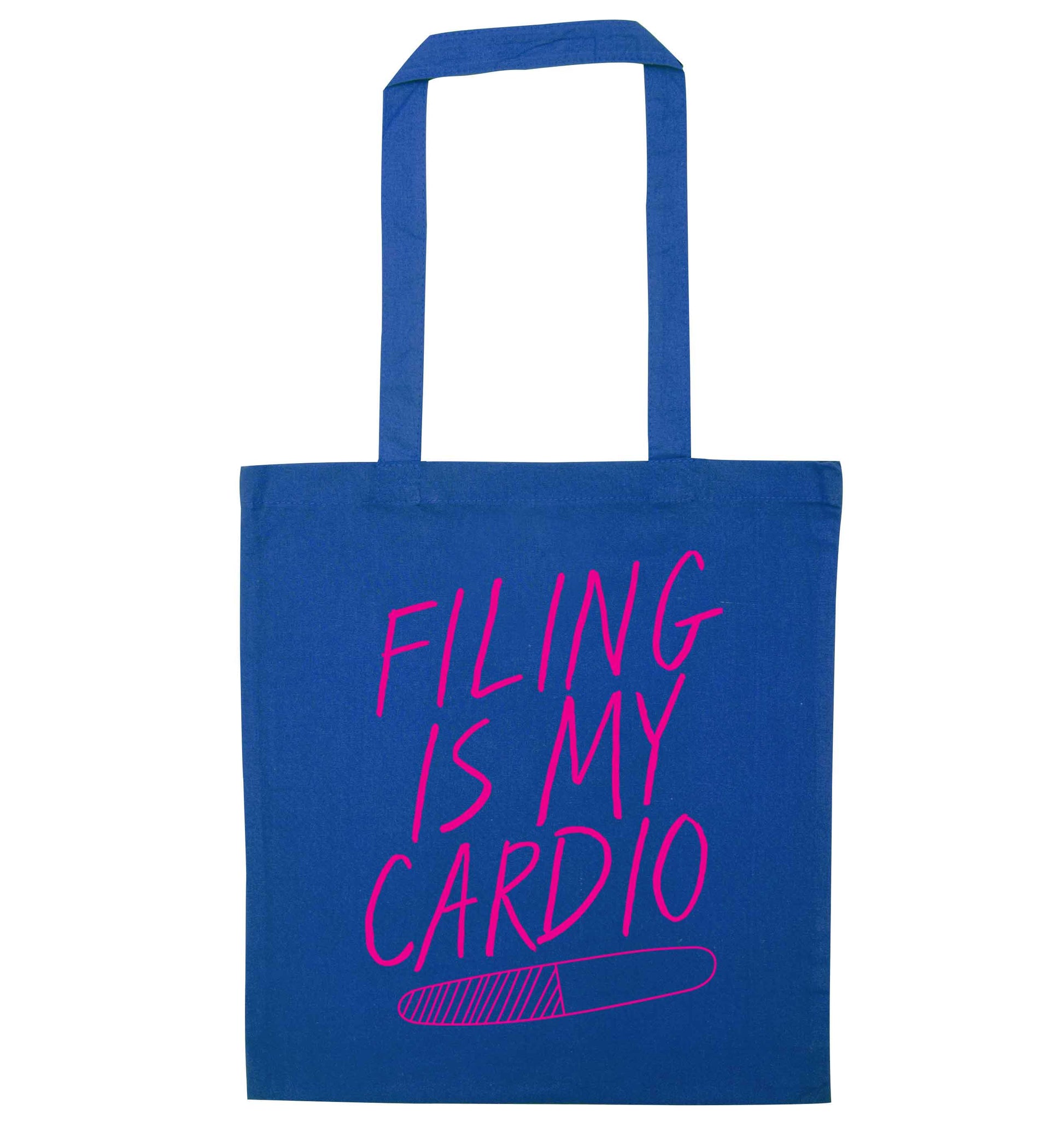 neon pink filing is my cardio blue tote bag