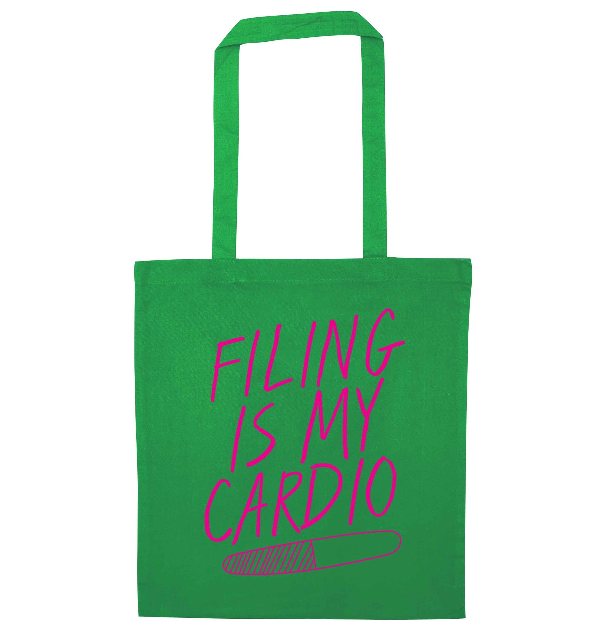 neon pink filing is my cardio green tote bag