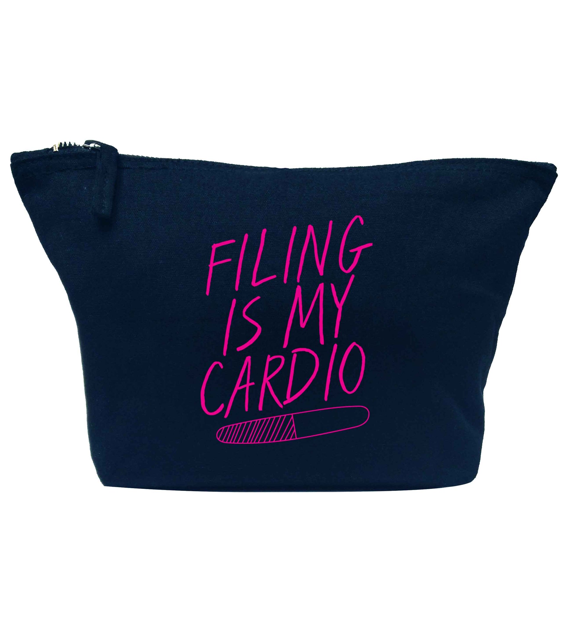 neon pink filing is my cardio navy makeup bag