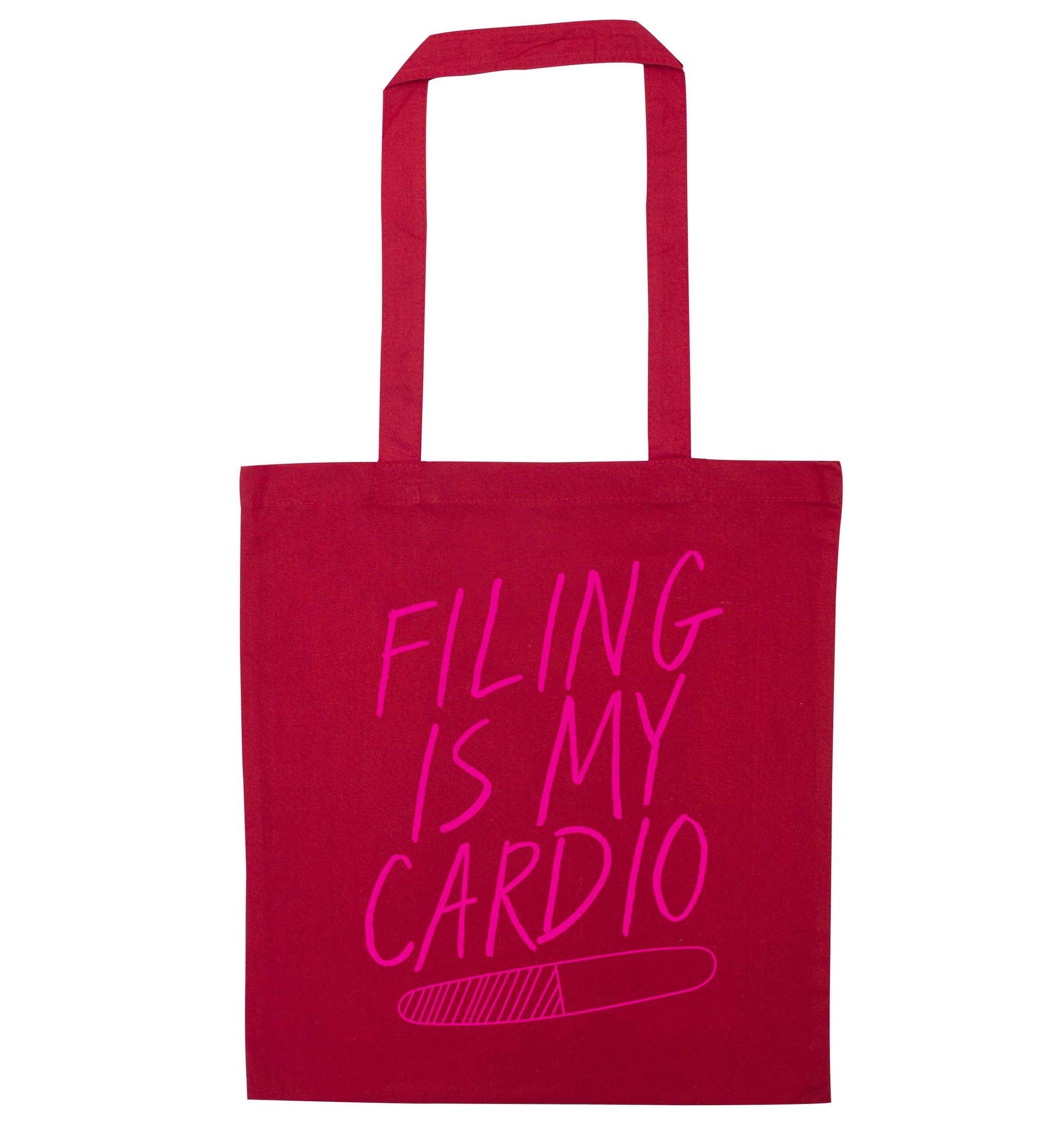 neon pink filing is my cardio red tote bag