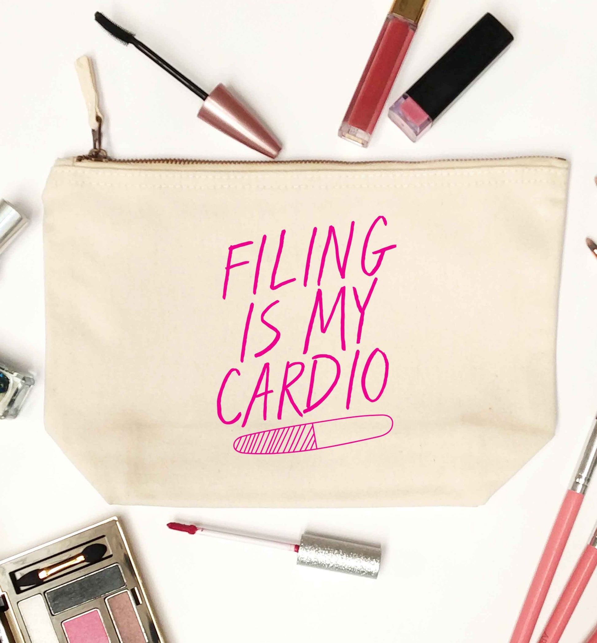 neon pink filing is my cardio natural makeup bag