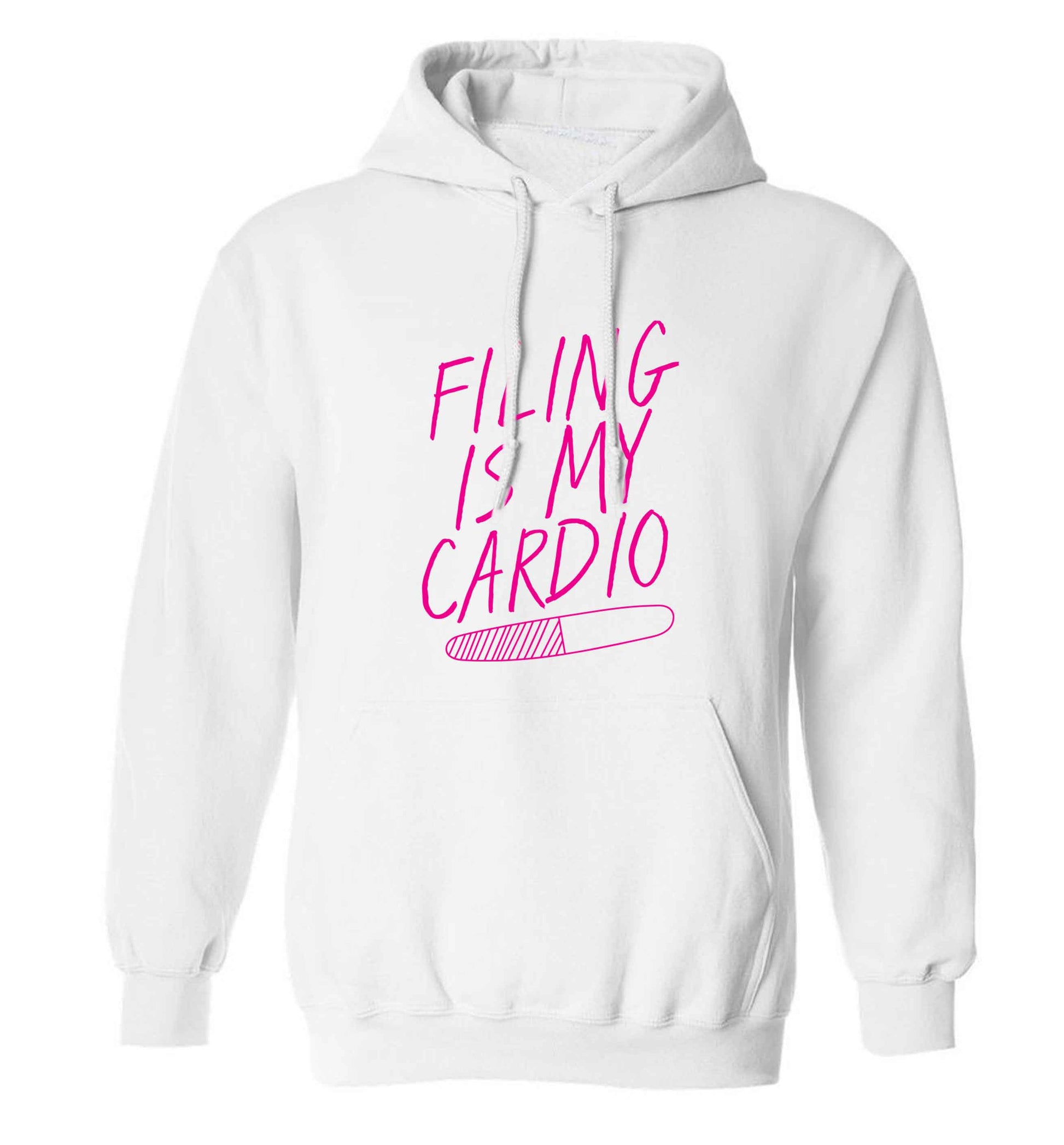 neon pink filing is my cardio adults unisex white hoodie 2XL