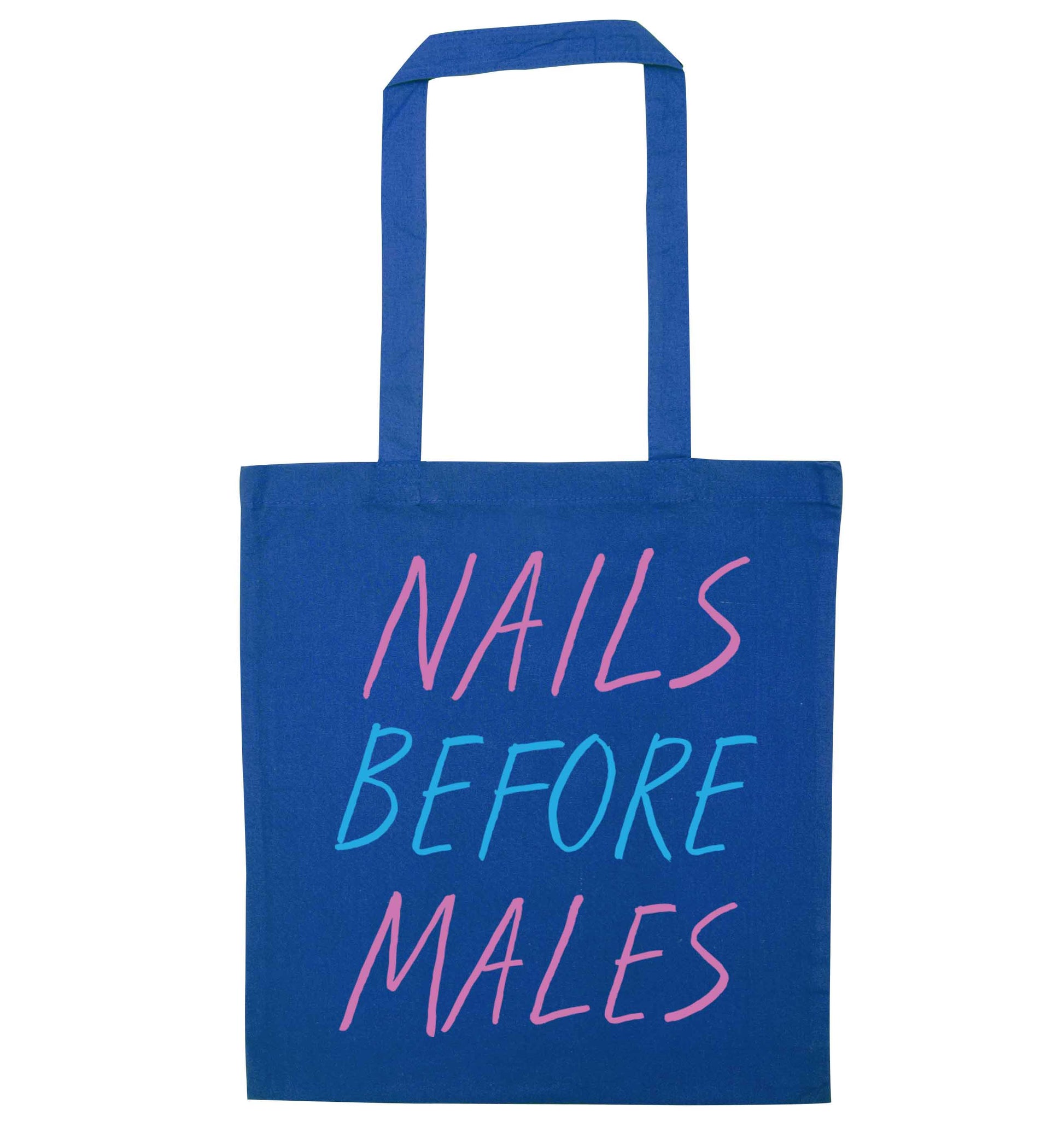Nails before males blue tote bag