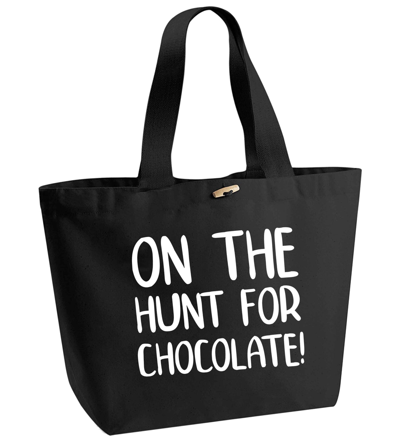 On the hunt for chocolate! organic cotton premium tote bag with wooden toggle in black