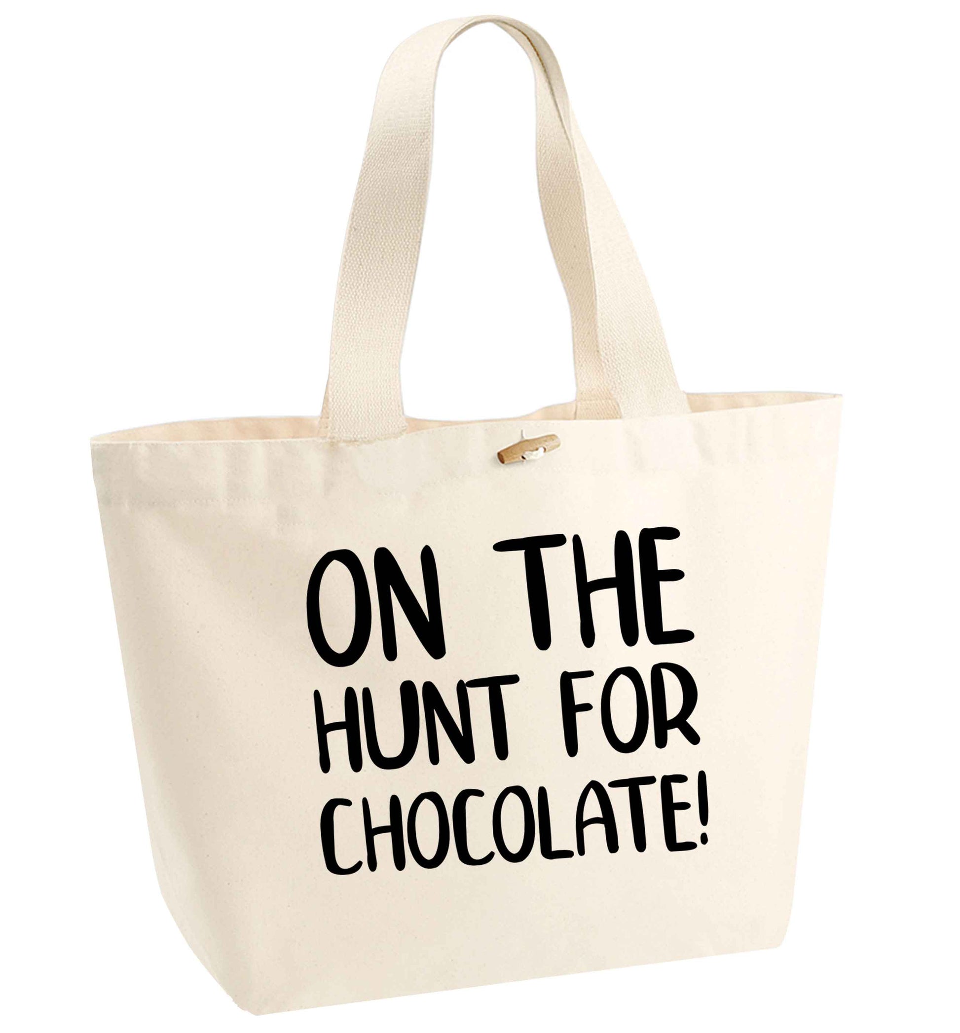 On the hunt for chocolate! organic cotton premium tote bag with wooden toggle in natural