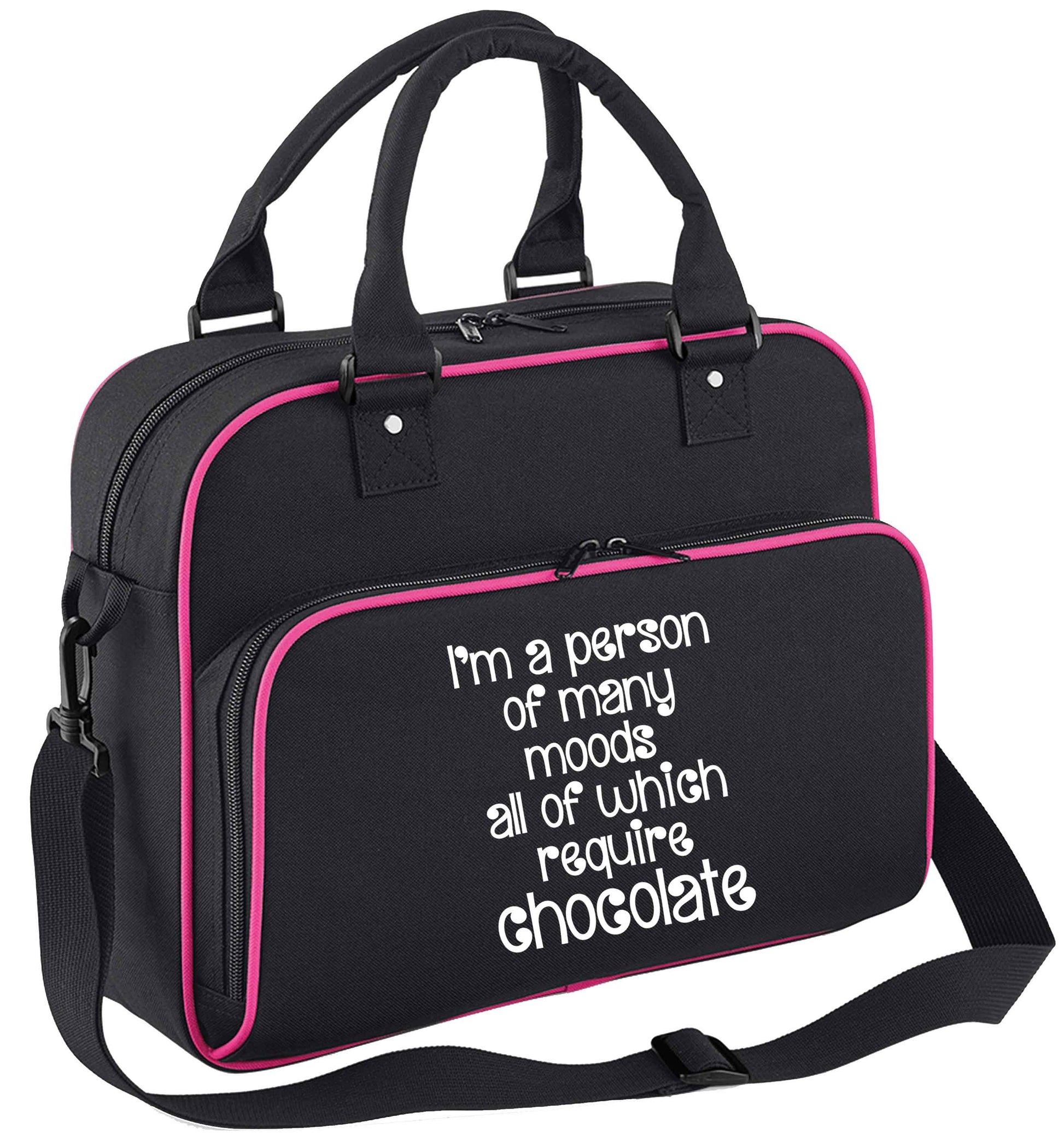 funny gift for a chocaholic! I'm a person of many moods all of which require chocolate children's dance bag black with pink detail