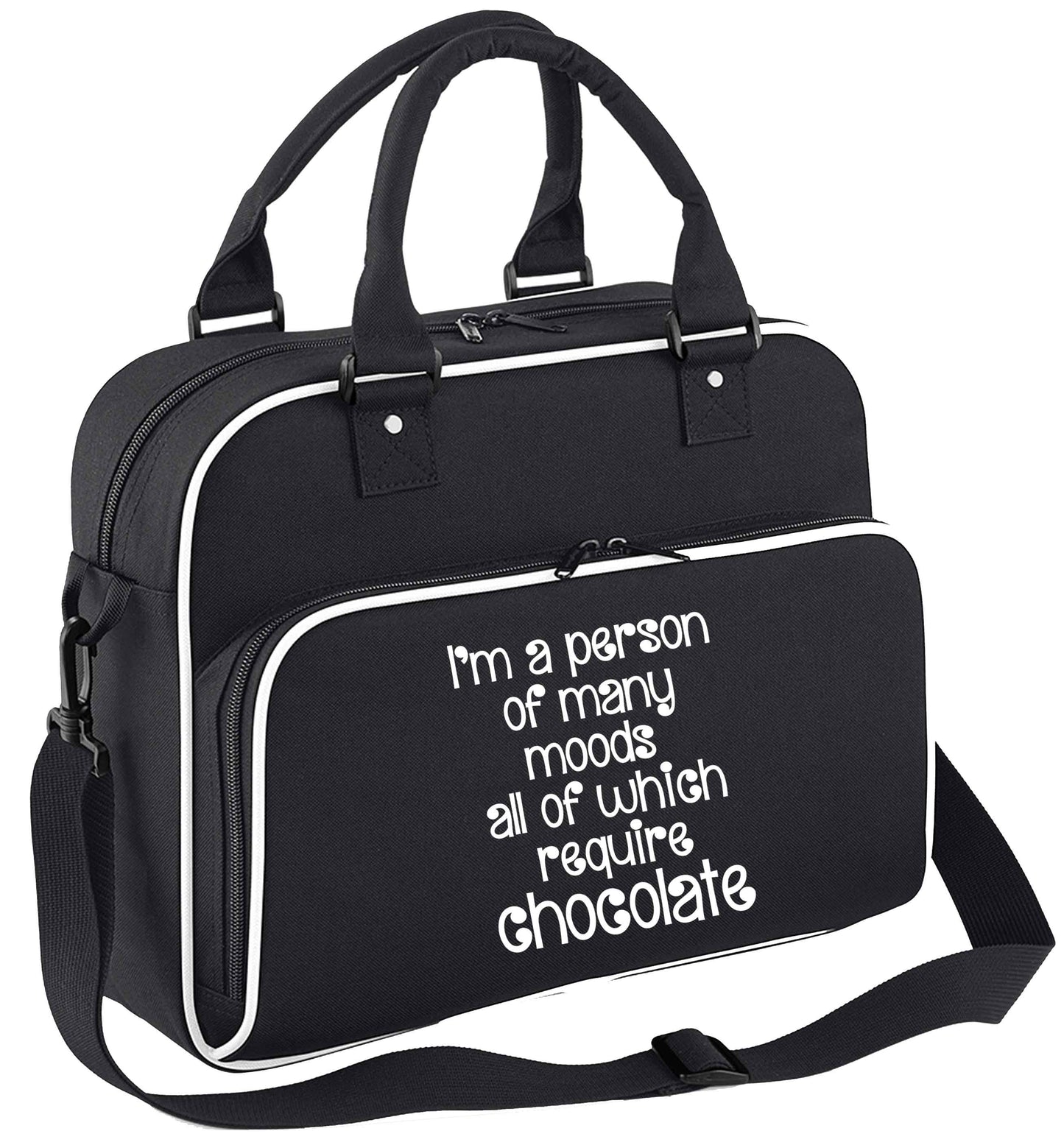 funny gift for a chocaholic! I'm a person of many moods all of which require chocolate children's dance bag black with white detail