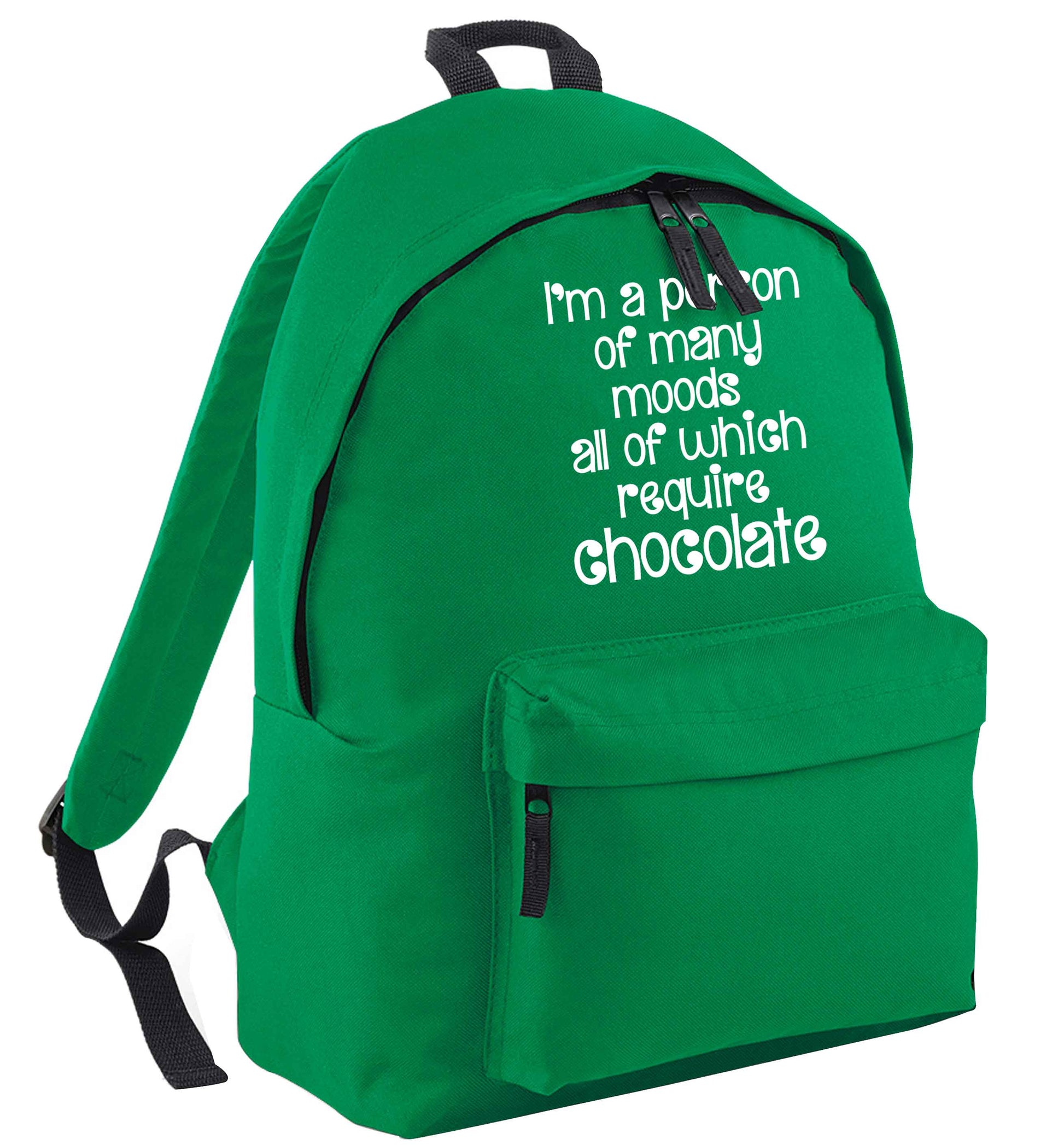 funny gift for a chocaholic! I'm a person of many moods all of which require chocolate green adults backpack