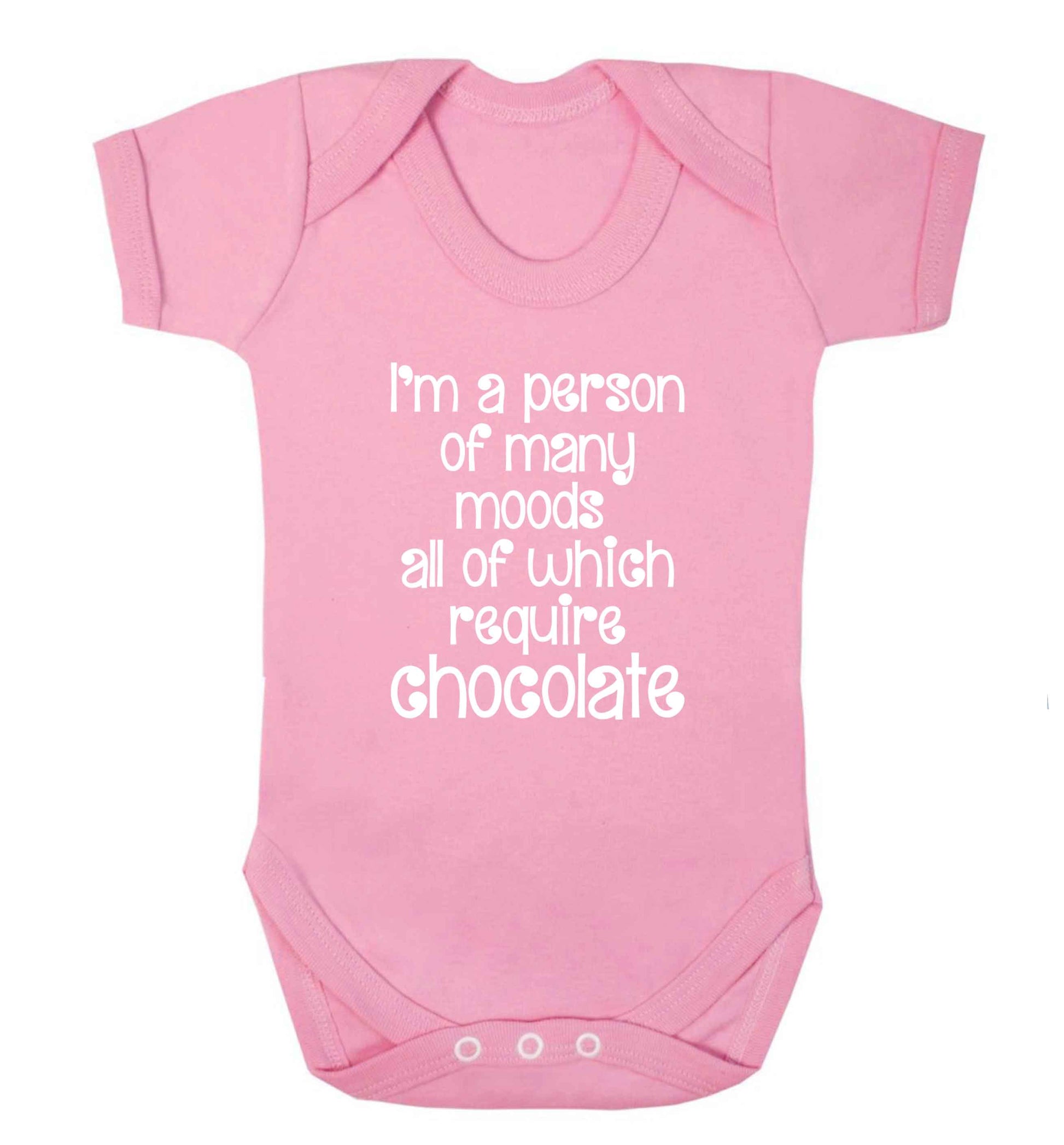 funny gift for a chocaholic! I'm a person of many moods all of which require chocolate baby vest pale pink 18-24 months