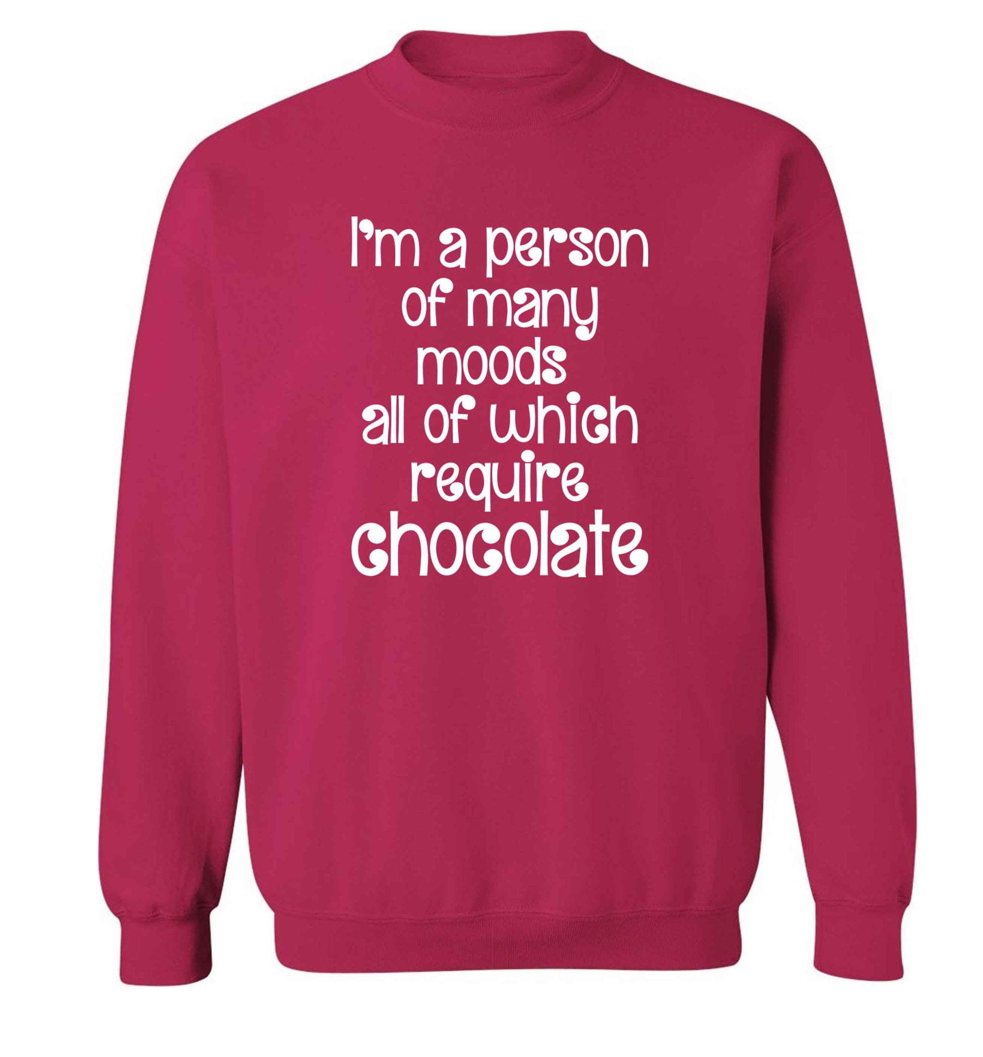funny gift for a chocaholic! I'm a person of many moods all of which require chocolate adult's unisex pink sweater 2XL