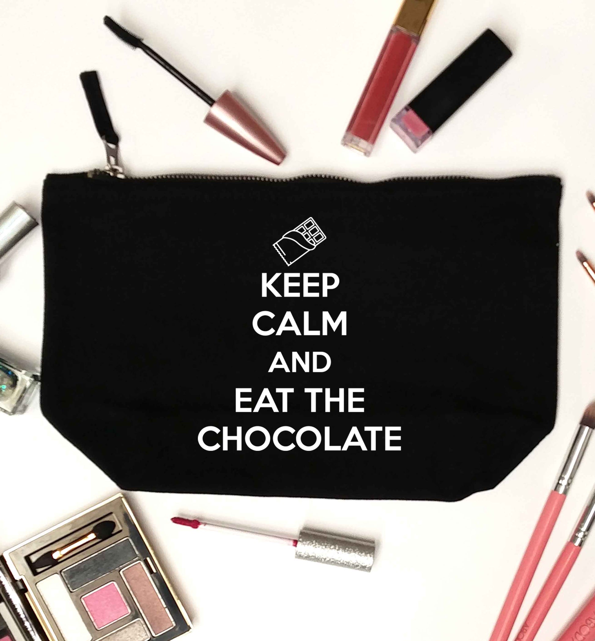 funny gift for a chocaholic! Keep calm and eat the chocolate black makeup bag