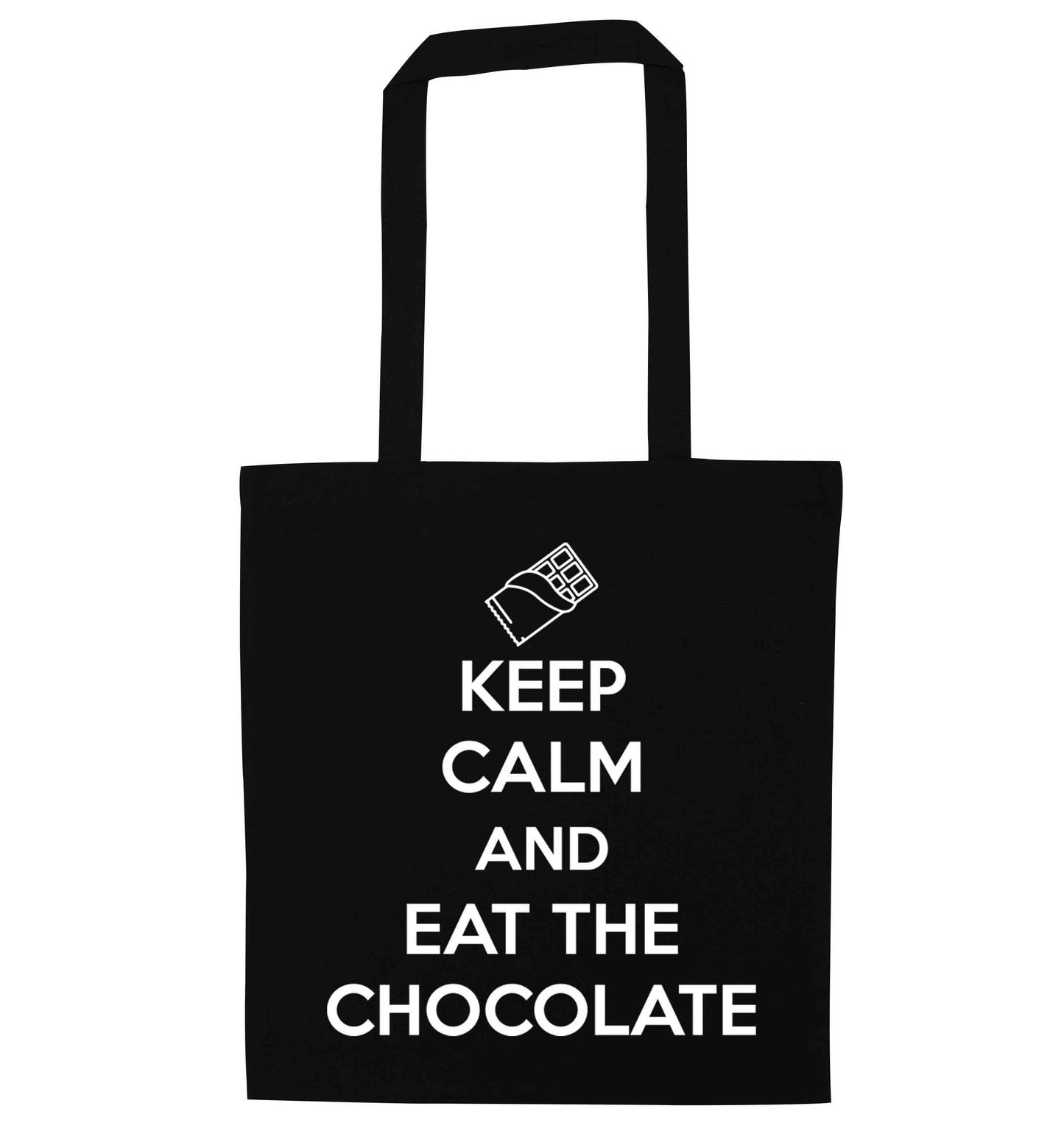 funny gift for a chocaholic! Keep calm and eat the chocolate black tote bag