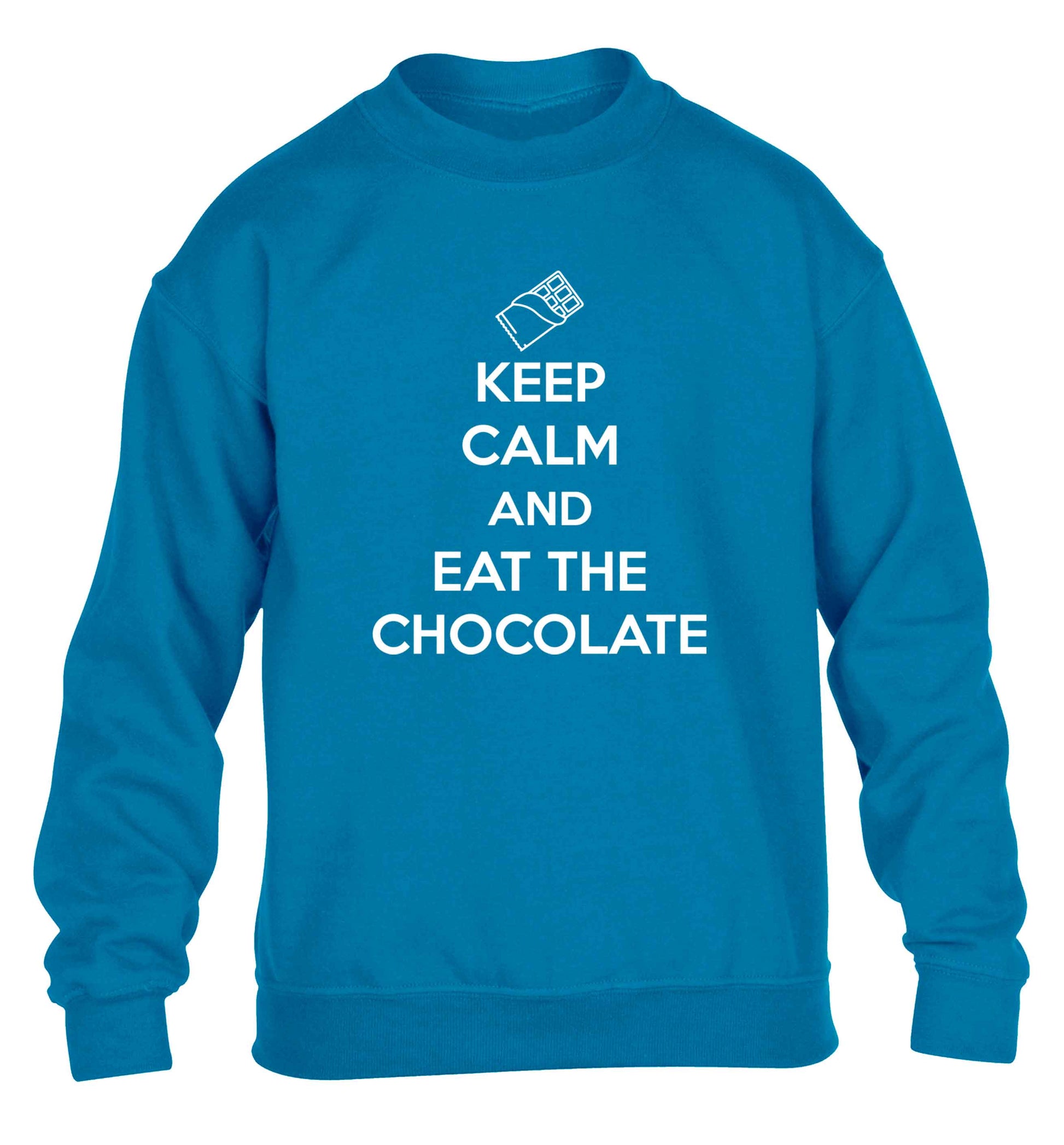 funny gift for a chocaholic! Keep calm and eat the chocolate children's blue sweater 12-13 Years