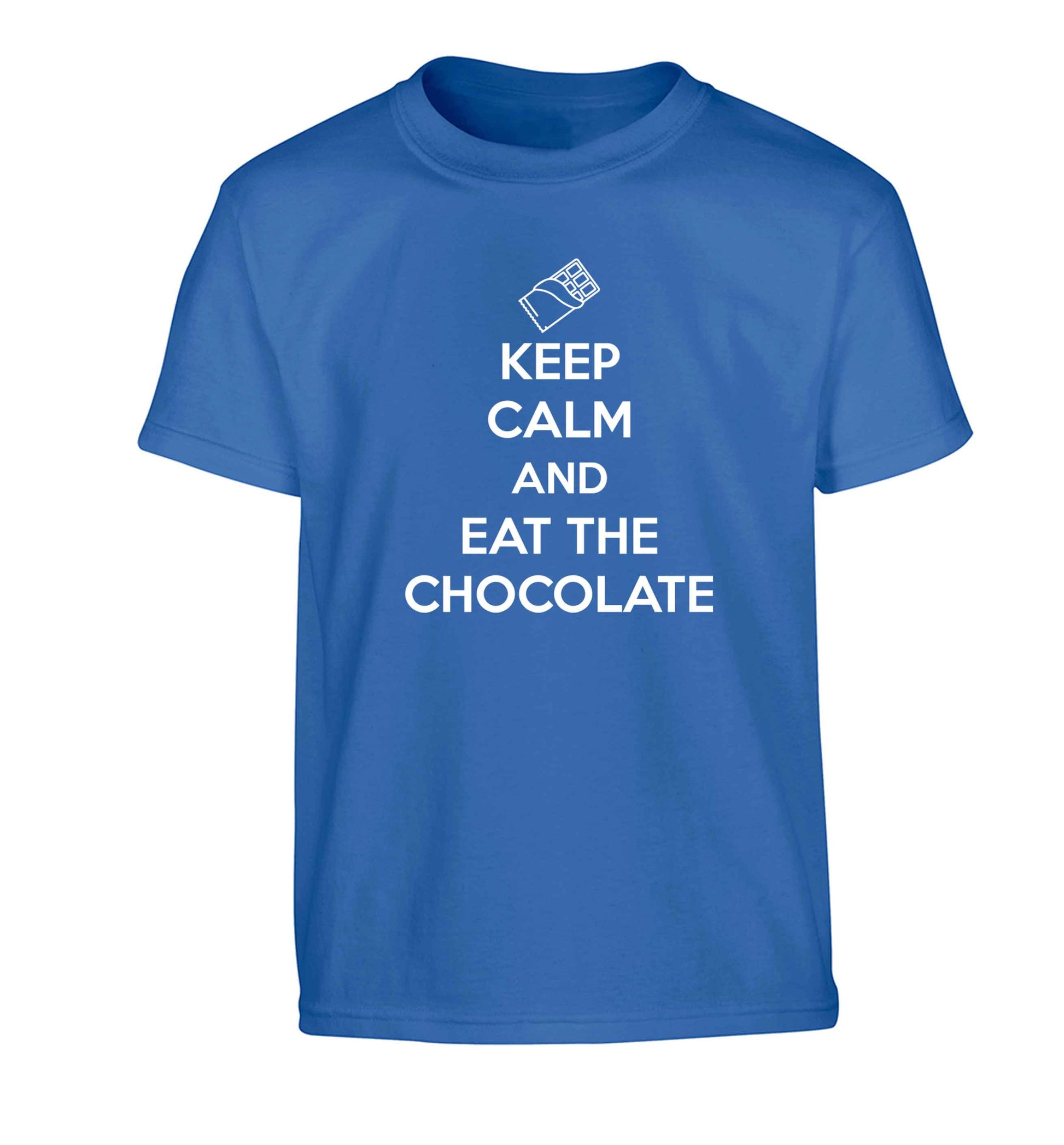 funny gift for a chocaholic! Keep calm and eat the chocolate Children's blue Tshirt 12-13 Years
