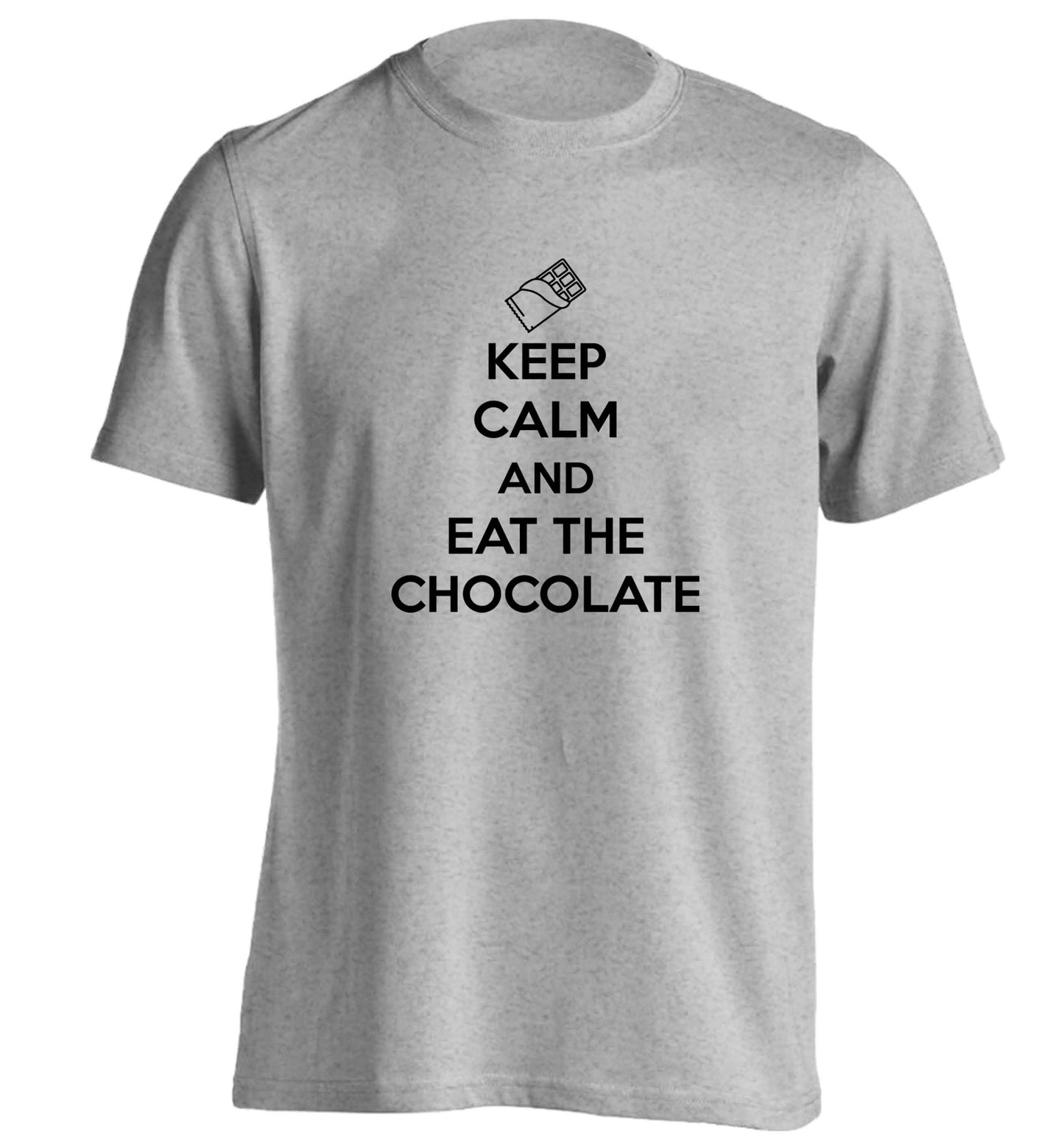 funny gift for a chocaholic! Keep calm and eat the chocolate adults unisex grey Tshirt 2XL