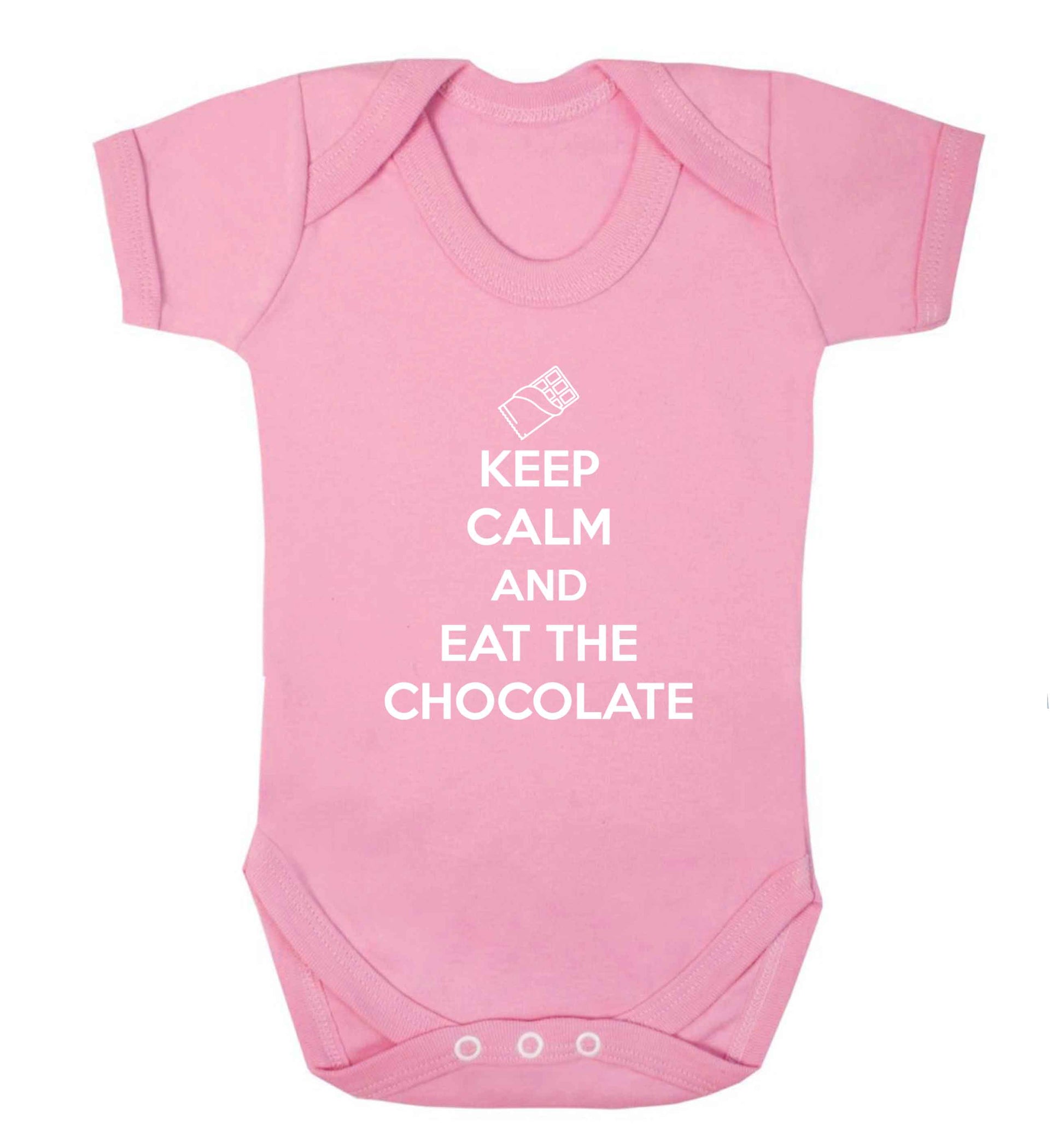 funny gift for a chocaholic! Keep calm and eat the chocolate baby vest pale pink 18-24 months