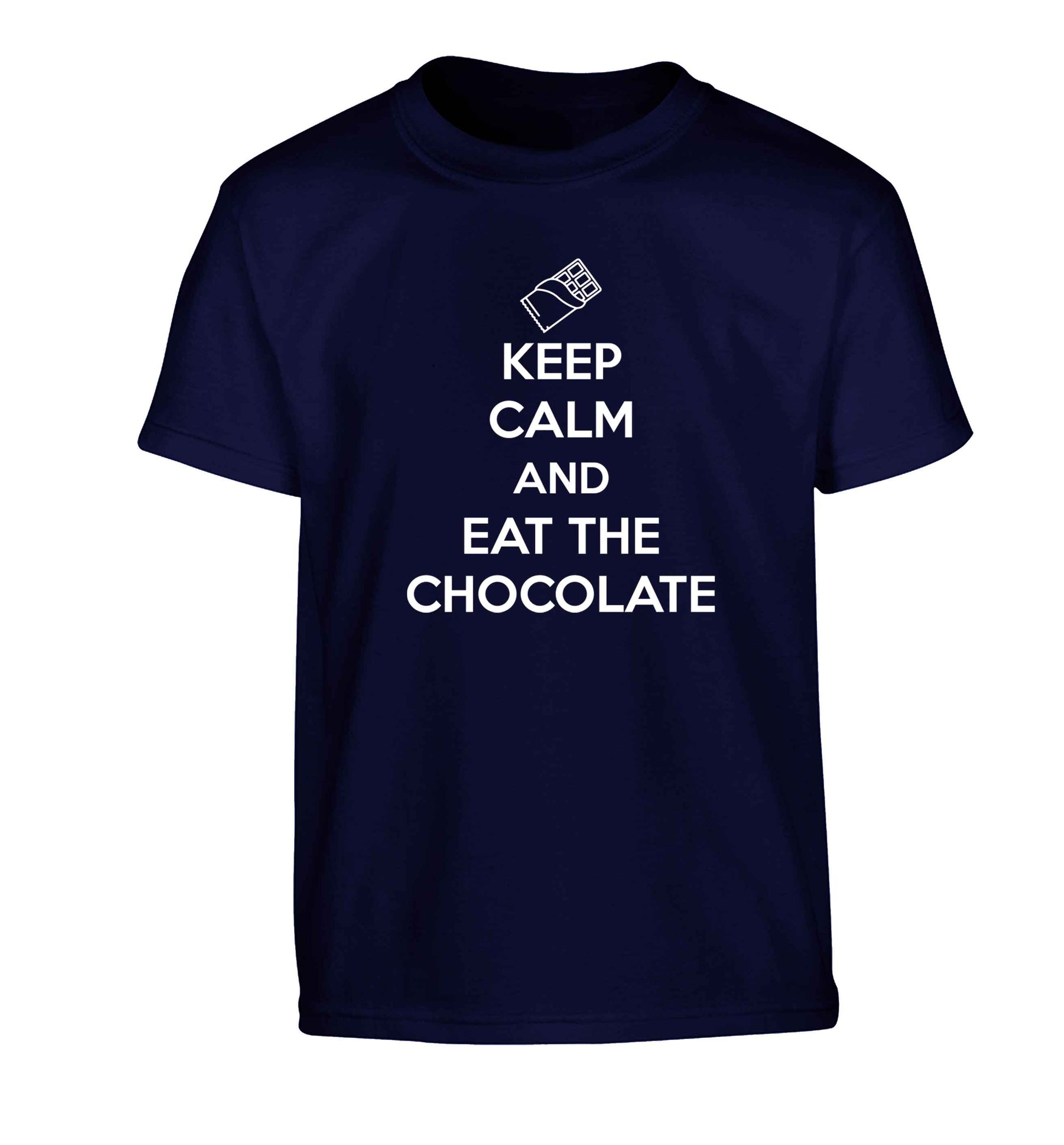 funny gift for a chocaholic! Keep calm and eat the chocolate Children's navy Tshirt 12-13 Years