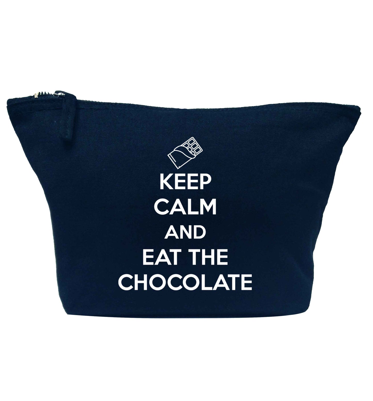 funny gift for a chocaholic! Keep calm and eat the chocolate navy makeup bag