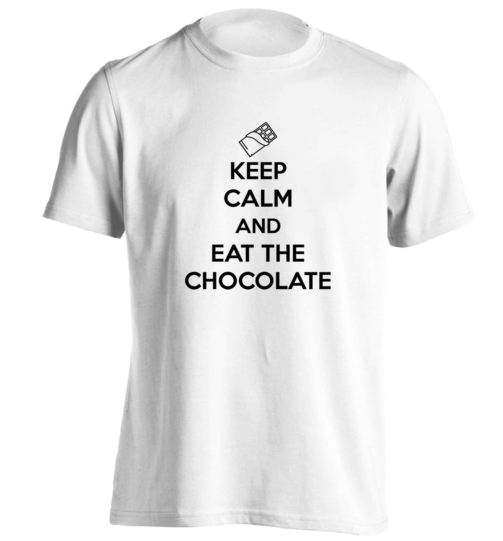funny gift for a chocaholic! Keep calm and eat the chocolate adults unisex white Tshirt 2XL