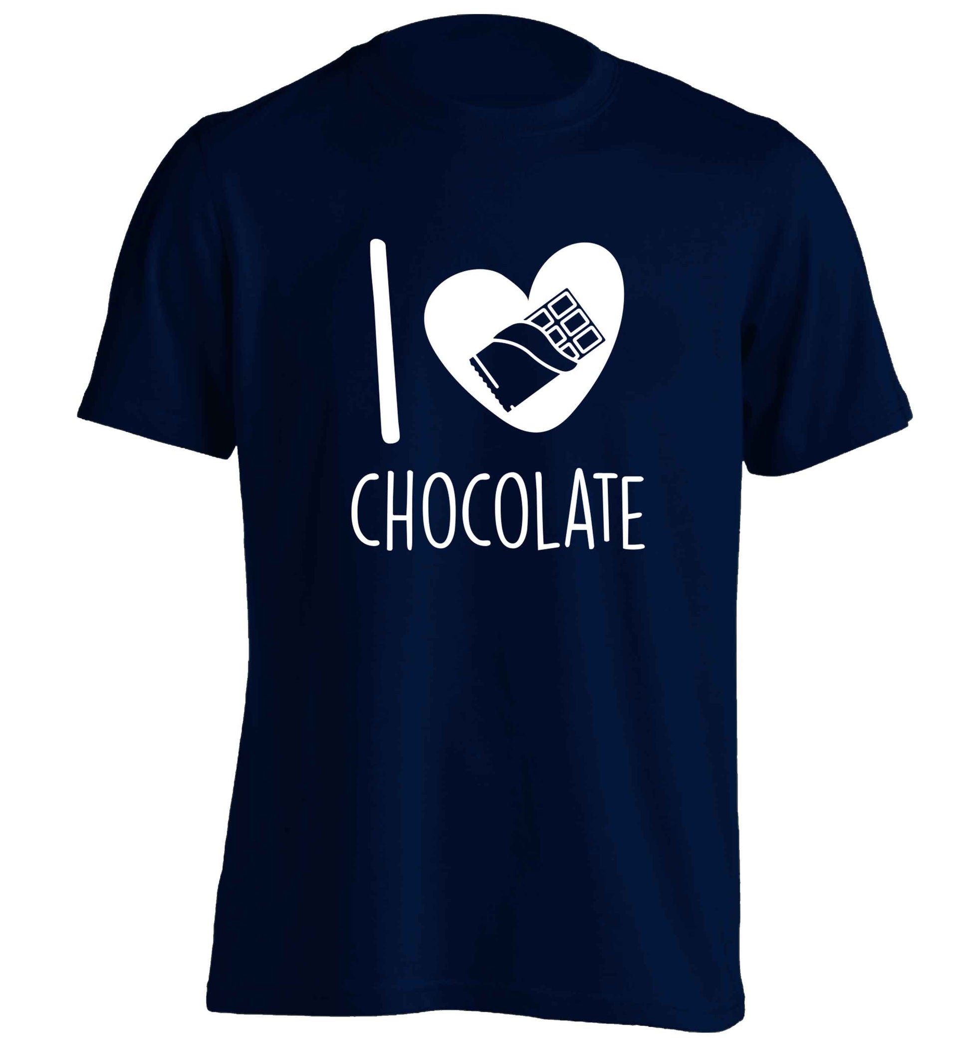 funny gift for a chocaholic! I love chocolate adults unisex navy Tshirt 2XL