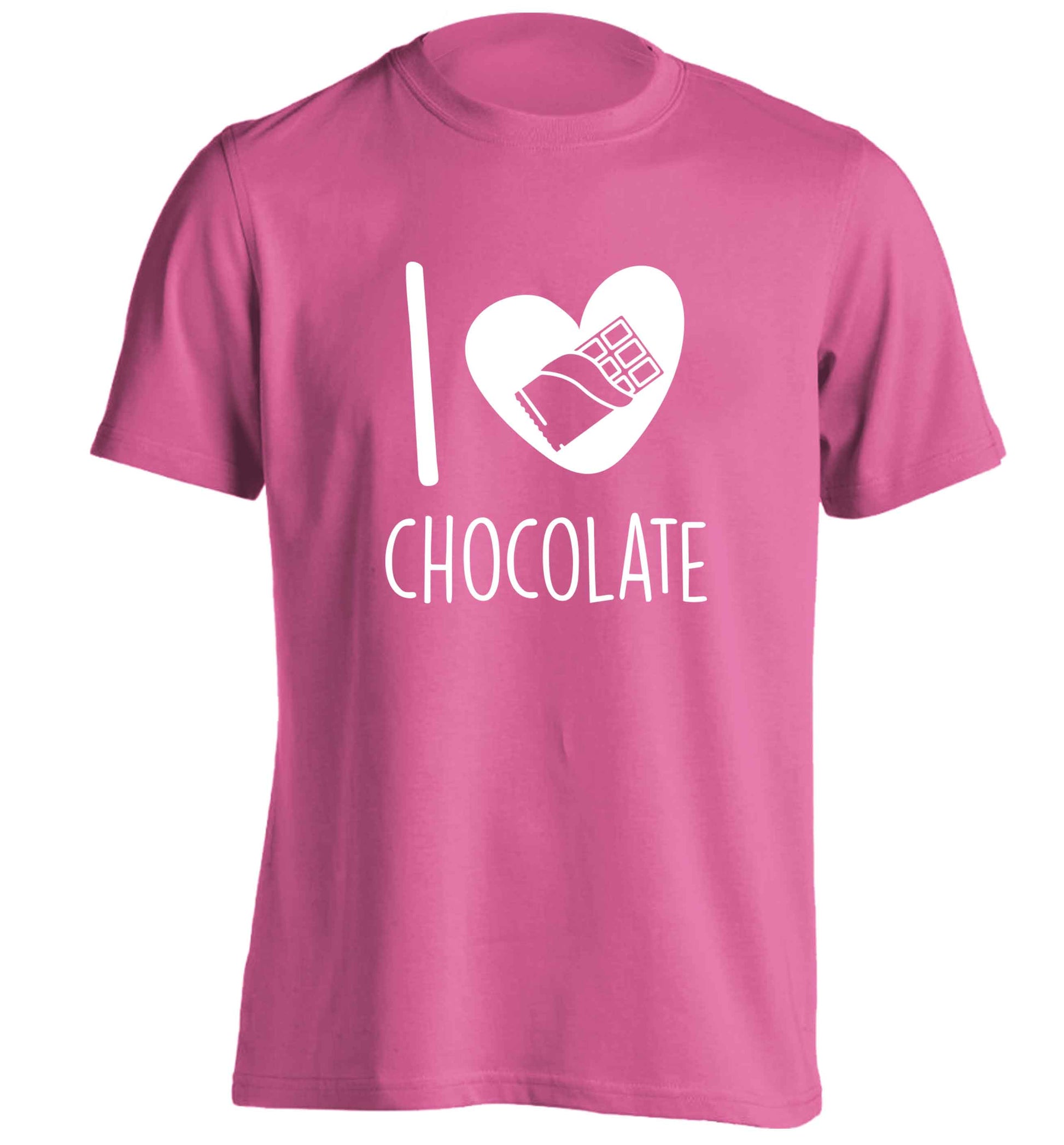funny gift for a chocaholic! I love chocolate adults unisex pink Tshirt 2XL