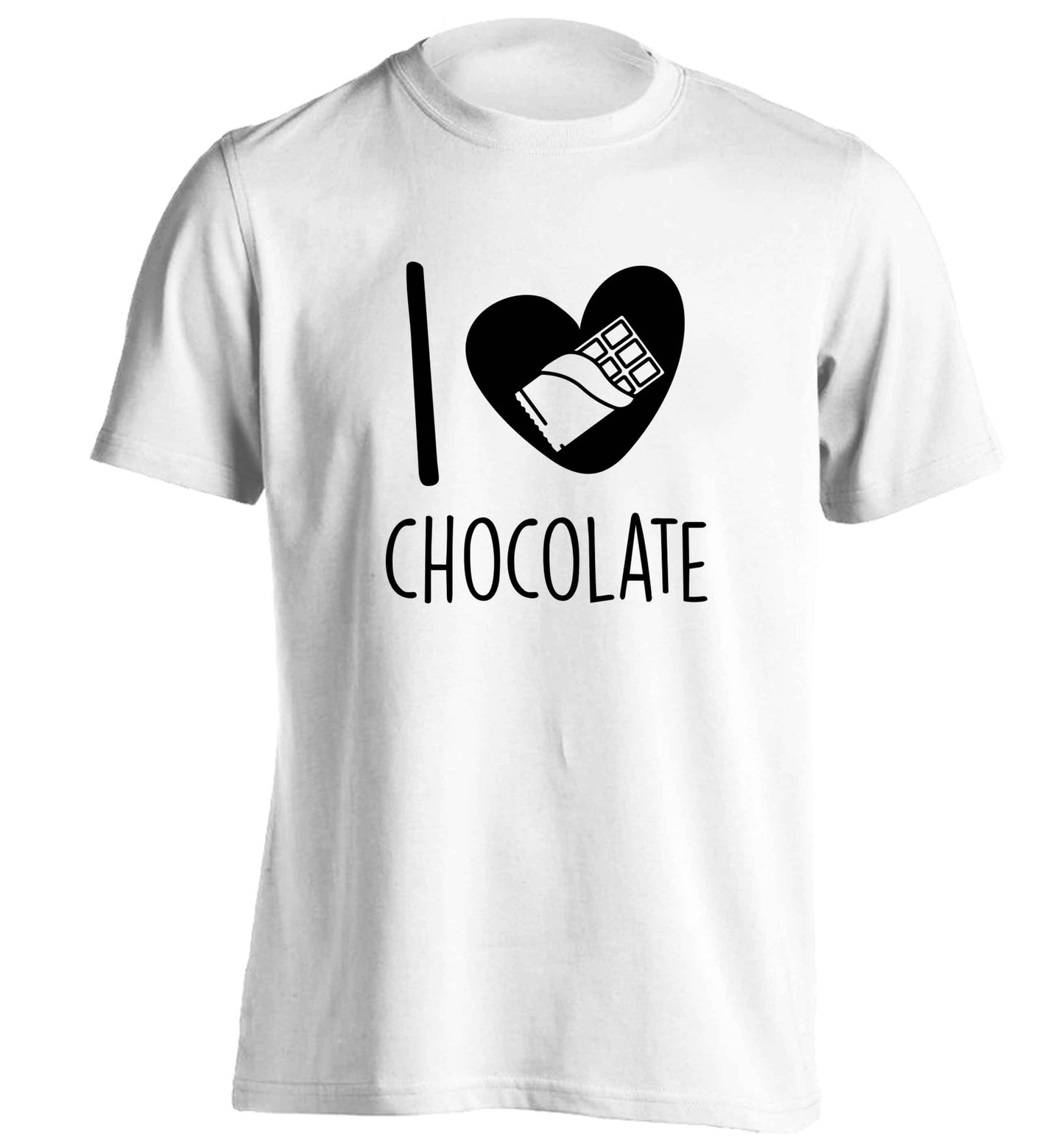 funny gift for a chocaholic! I love chocolate adults unisex white Tshirt 2XL