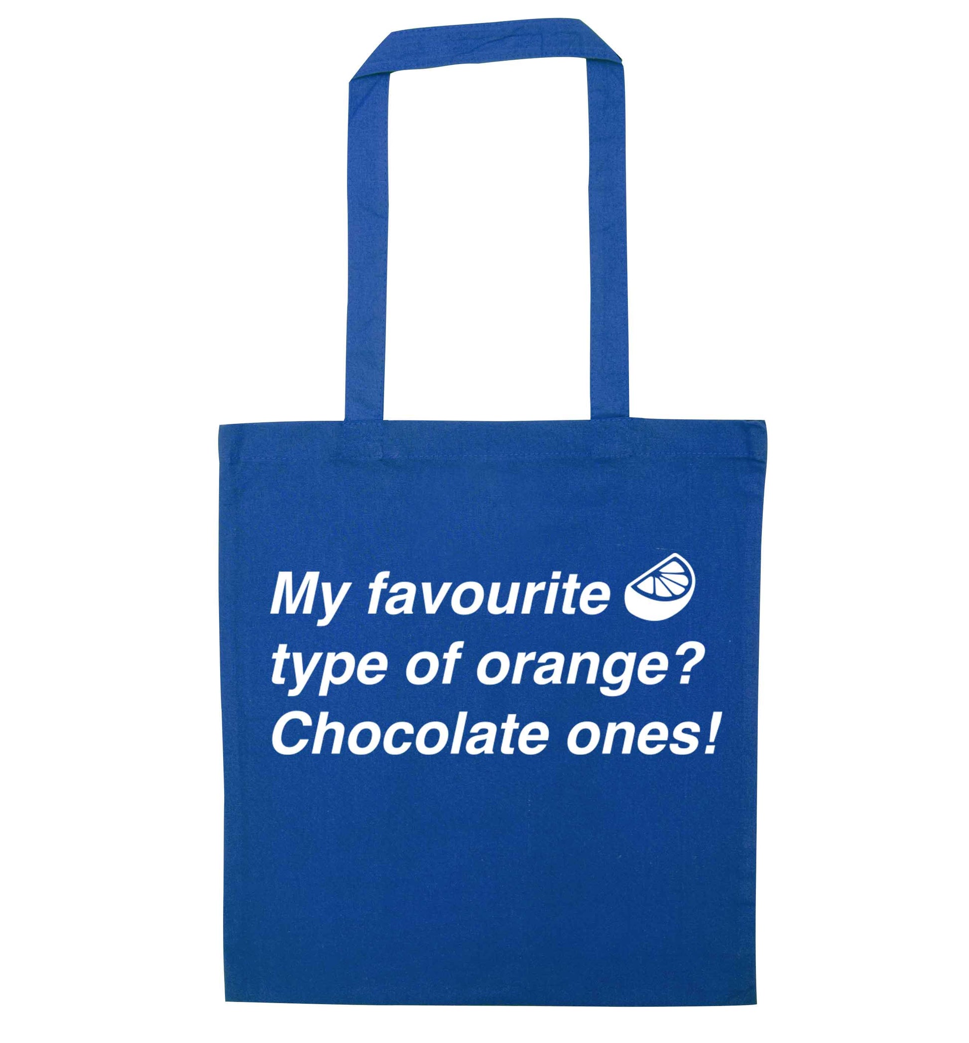 funny gift for a chocaholic! My favourite kind of oranges? Chocolate ones! blue tote bag