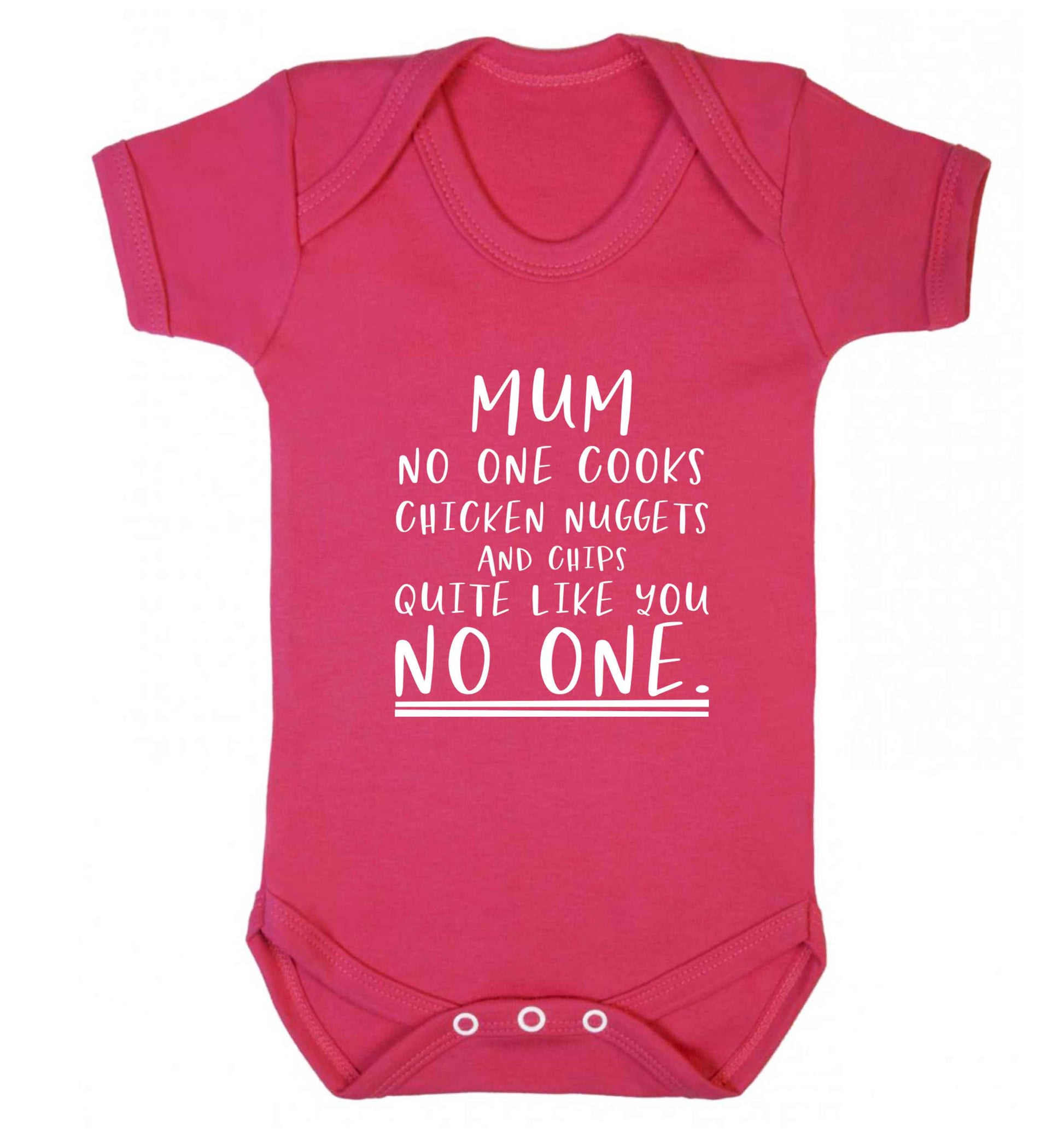 Super funny sassy gift for mother's day or birthday!  Mum no one cooks chicken nuggets and chips like you no one baby vest dark pink 18-24 months