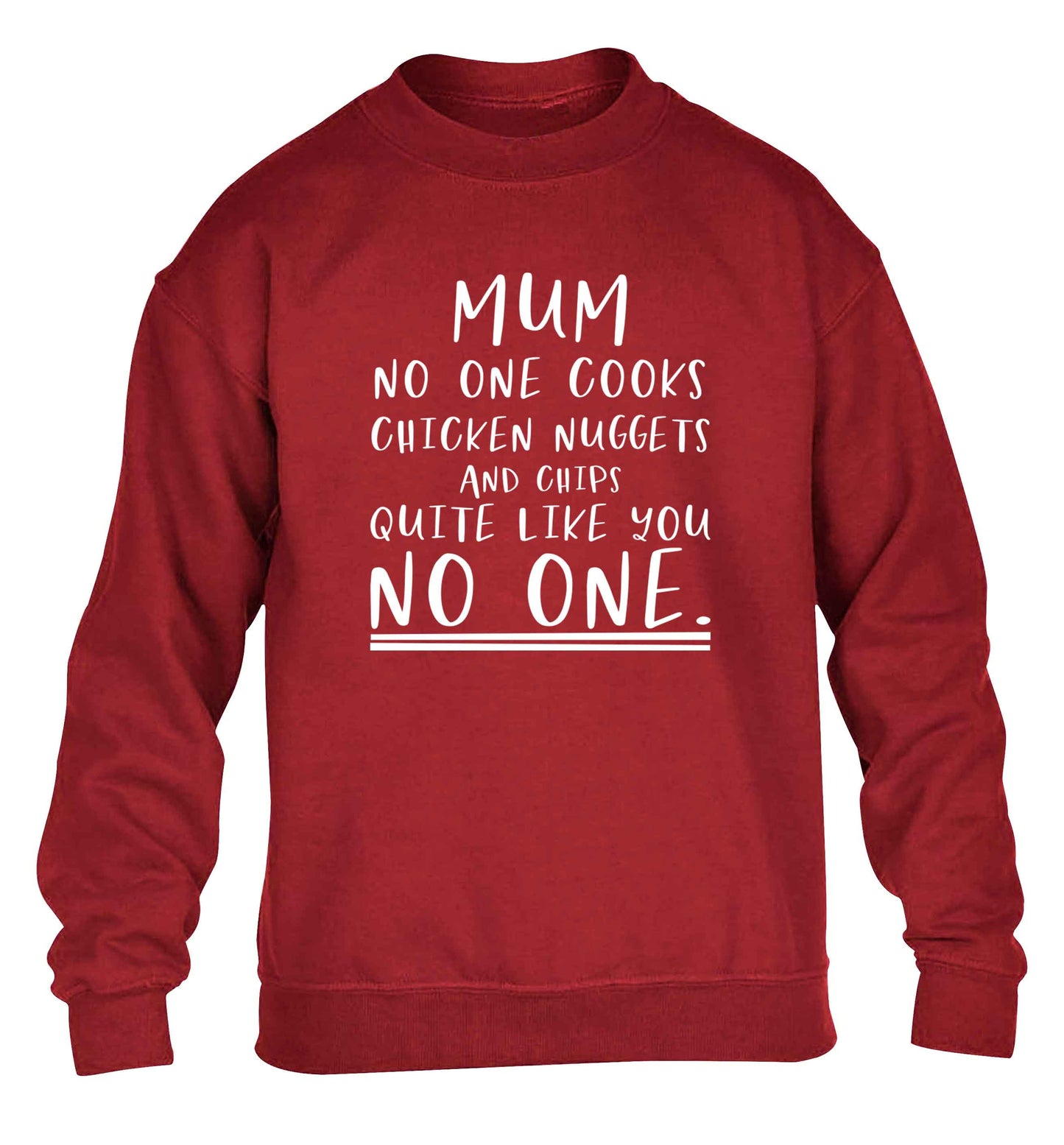 Super funny sassy gift for mother's day or birthday!  Mum no one cooks chicken nuggets and chips like you no one children's grey sweater 12-13 Years
