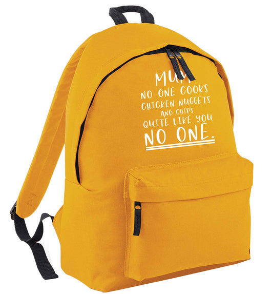 Super funny sassy gift for mother's day or birthday!  Mum no one cooks chicken nuggets and chips like you no one mustard adults backpack