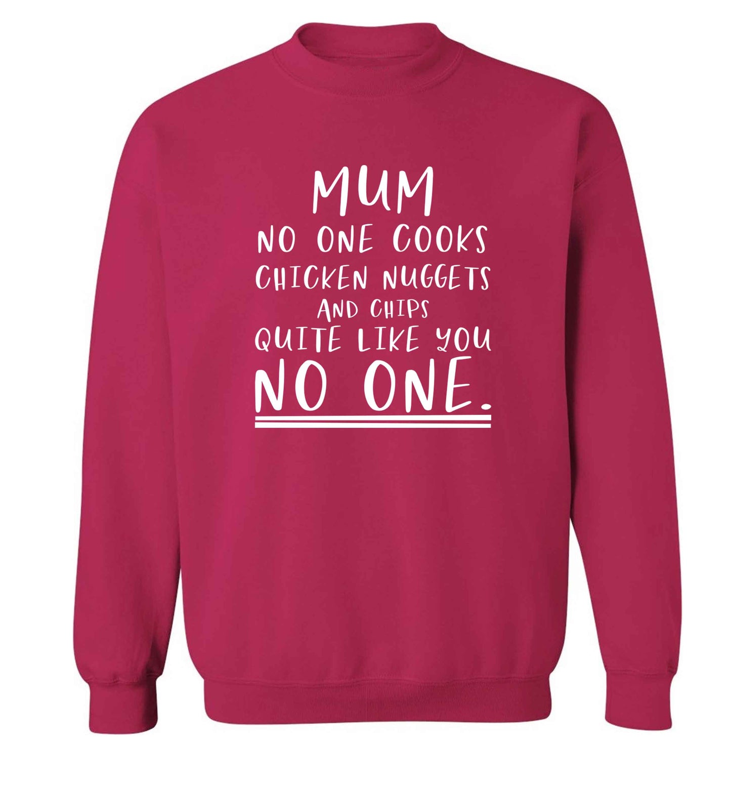 Super funny sassy gift for mother's day or birthday!  Mum no one cooks chicken nuggets and chips like you no one adult's unisex pink sweater 2XL