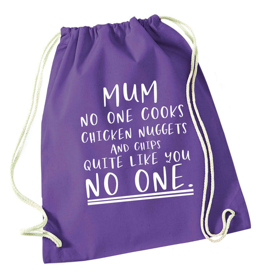 Super funny sassy gift for mother's day or birthday!  Mum no one cooks chicken nuggets and chips like you no one purple drawstring bag
