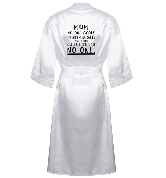 Super funny sassy gift for mother's day or birthday!  Mum no one cooks chicken nuggets and chips like you no one XL/XXL white ladies dressing gown size 16/18