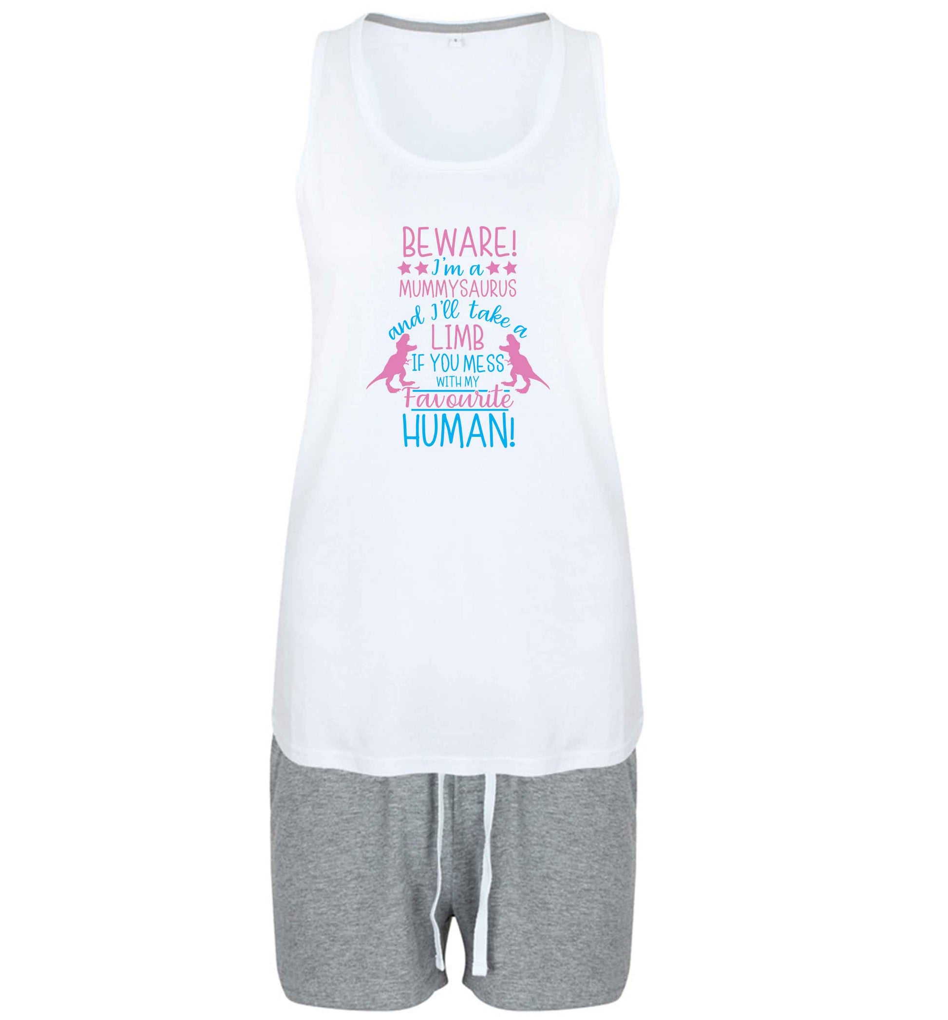 Perfect gift for any protective mummysaurus! Beware I'm a mummysaurus and I'll take a limb if you mess with my favourite human size XL women's pyjama shorts set in pink 