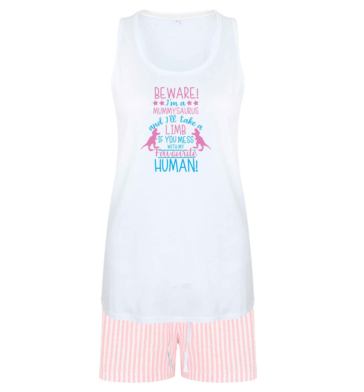 Perfect gift for any protective mummysaurus! Beware I'm a mummysaurus and I'll take a limb if you mess with my favourite human size XL women's pyjama shorts set in pink 