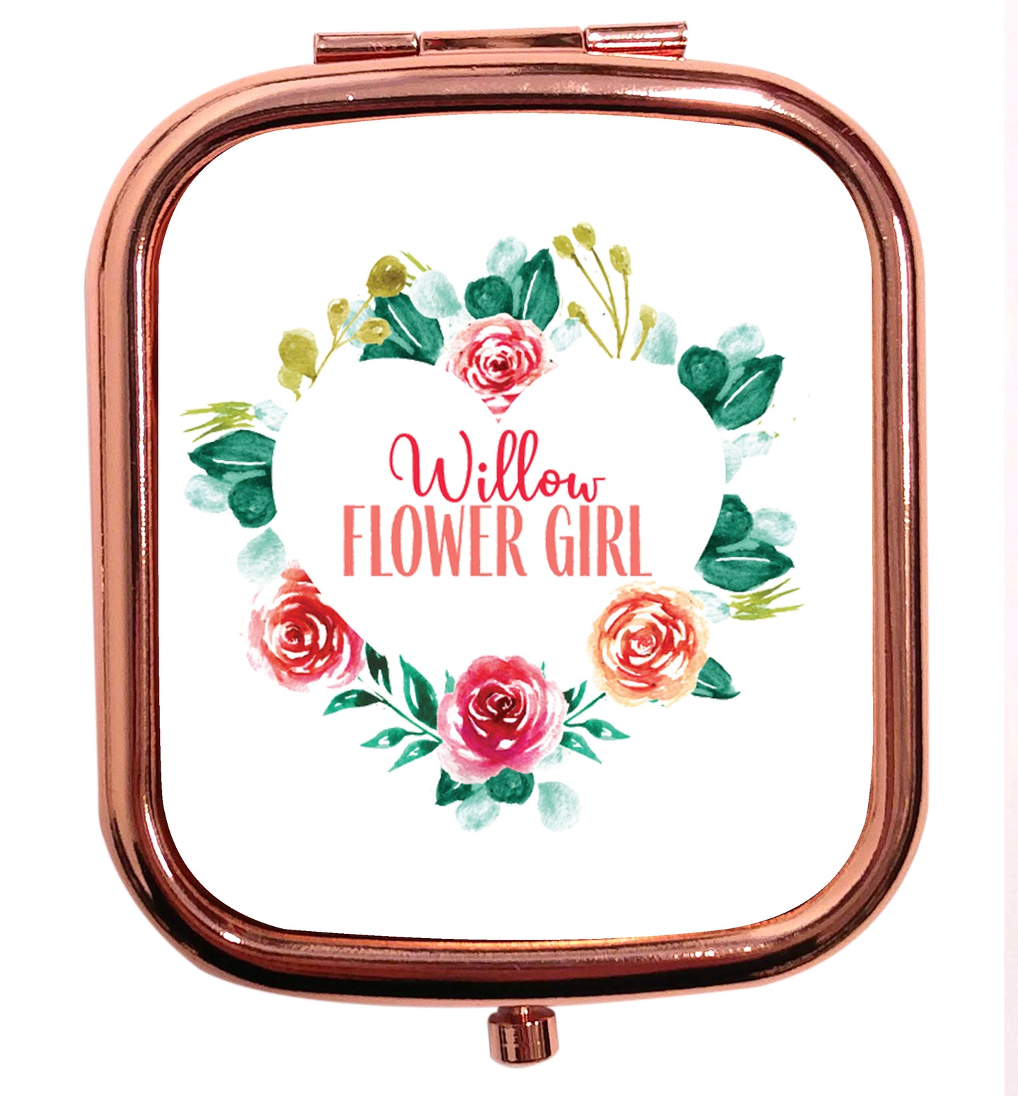 Perfect wedding guest favours or hen party gifts! Personalised bridal floral wreath designs, any name, any role! rose gold square pocket mirror