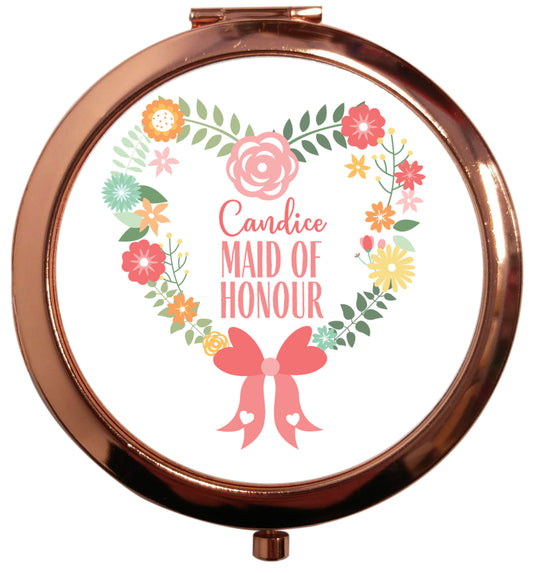 Perfect wedding guest favours or hen party gifts! Personalised bridal floral wreath designs, any name, any role! rose gold circle pocket mirror