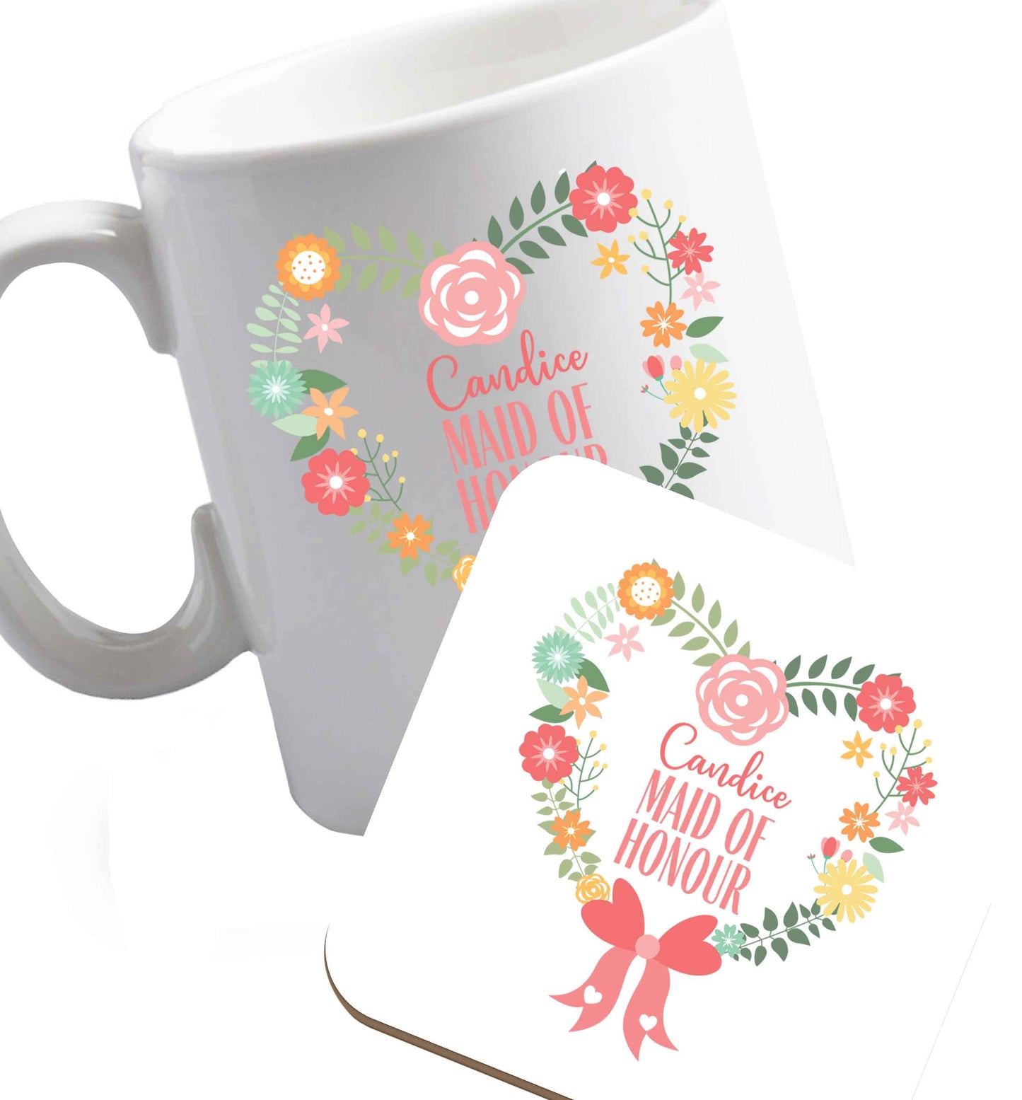 10 oz Perfect wedding guest favours or hen party gifts! Personalised bridal floral wreath designs, any name, any role!   ceramic mug and coaster set right handed