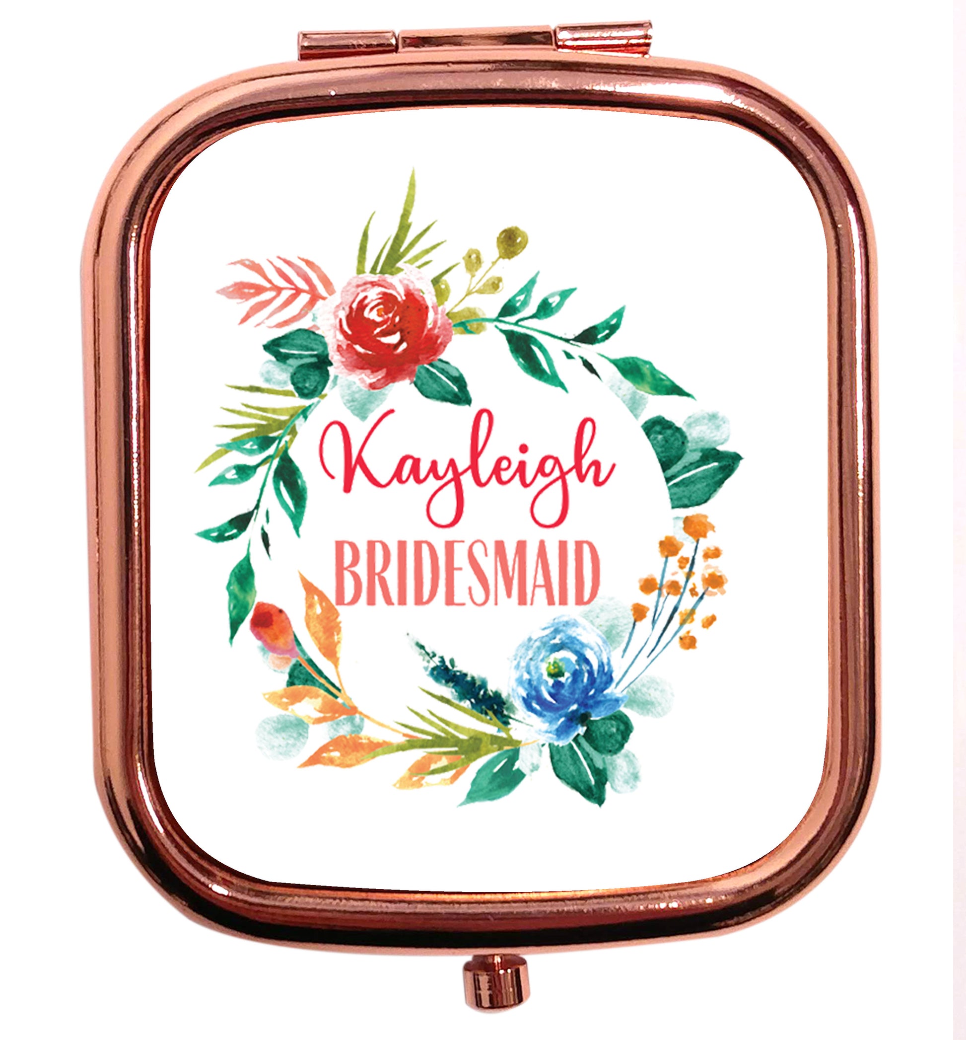 Perfect wedding guest favours or hen party gifts! Personalised bridal floral wreath designs, any name, any role! rose gold square pocket mirror