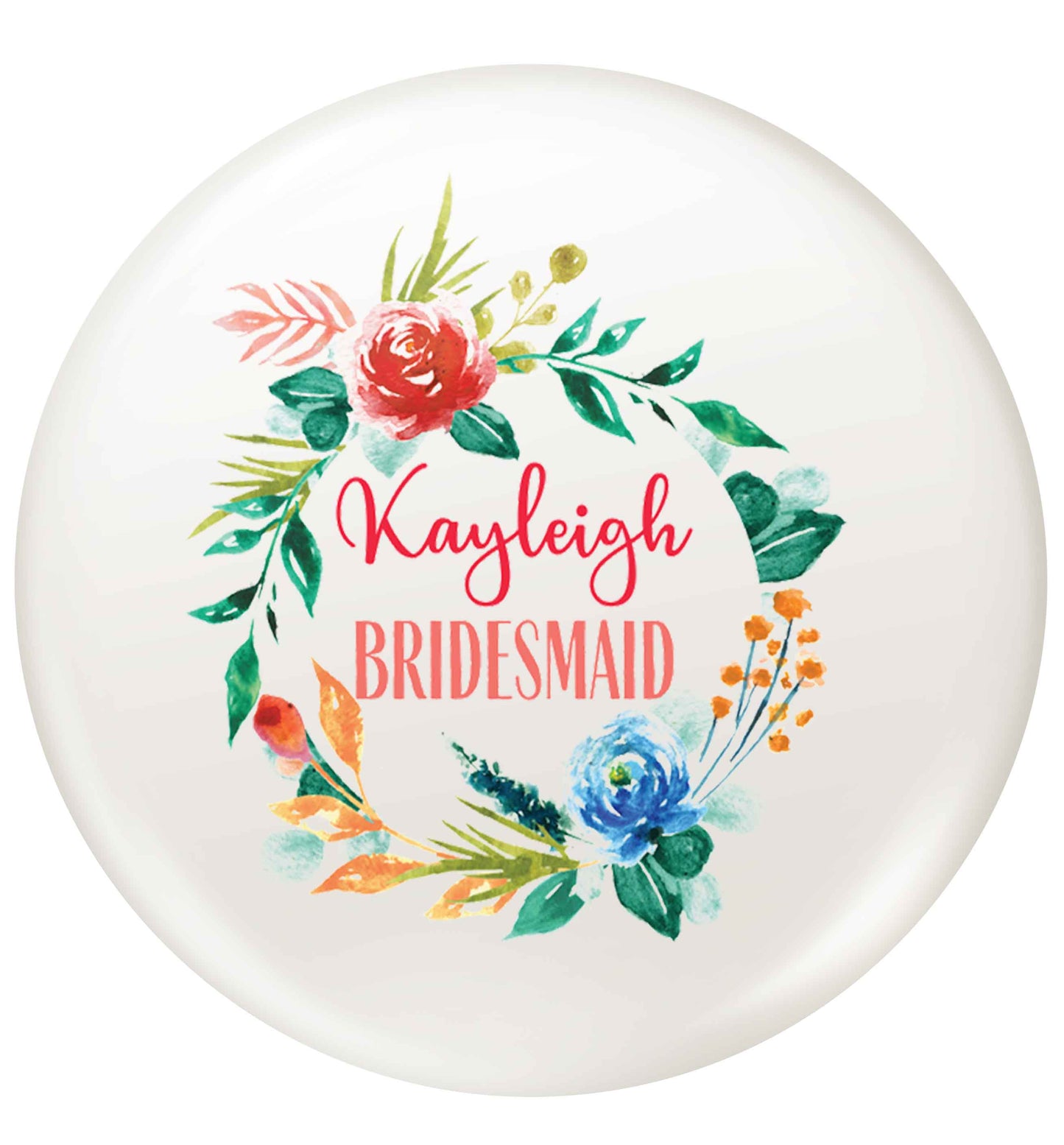 Perfect wedding guest favours or hen party gifts! Personalised bridal floral wreath designs, any name, any role! small 25mm Pin badge