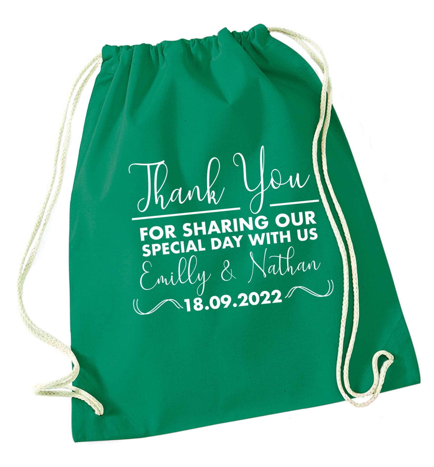 Gorgeous personalised and customisable wedding favour gifts! green drawstring bag