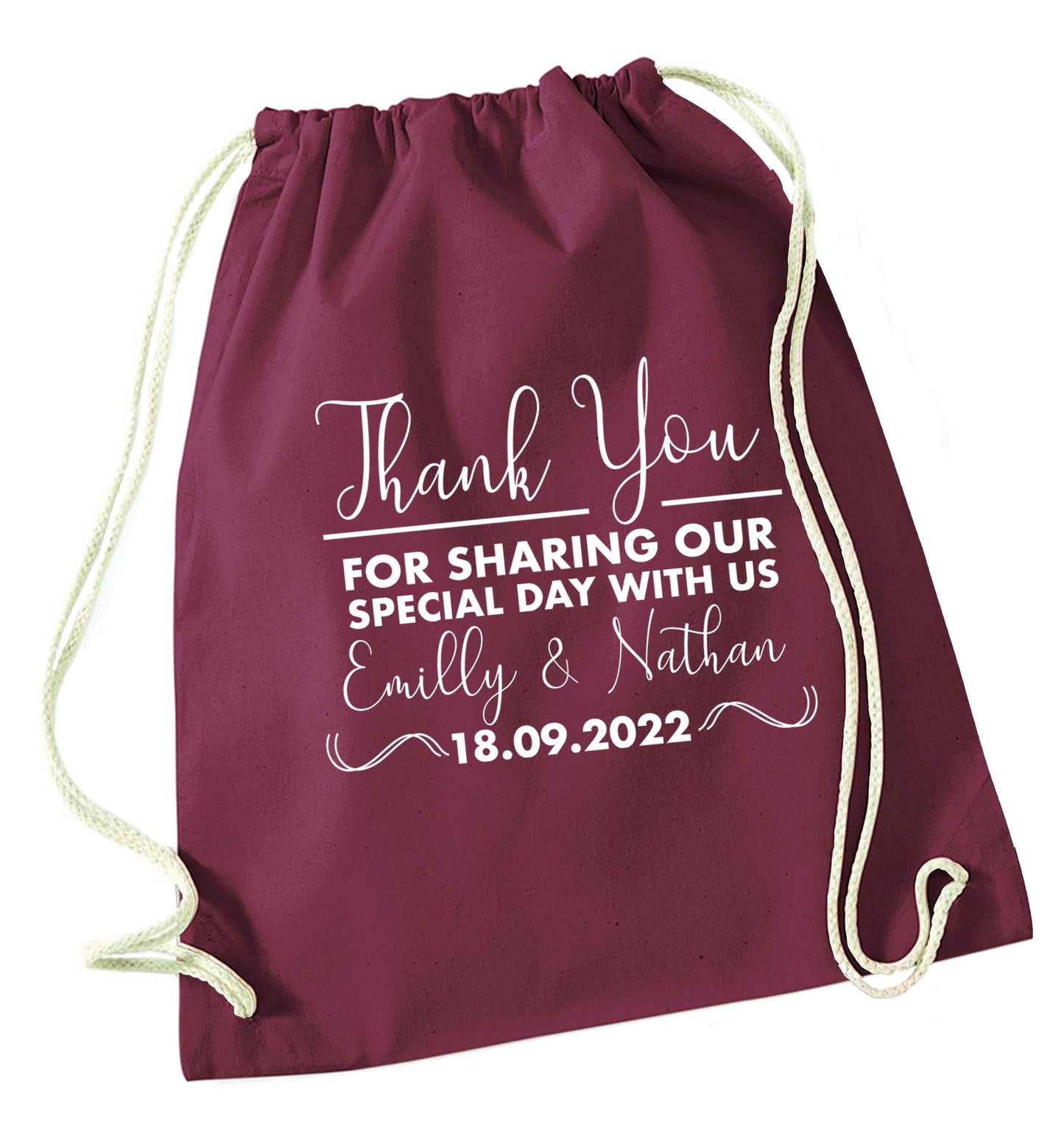 Gorgeous personalised and customisable wedding favour gifts! maroon drawstring bag
