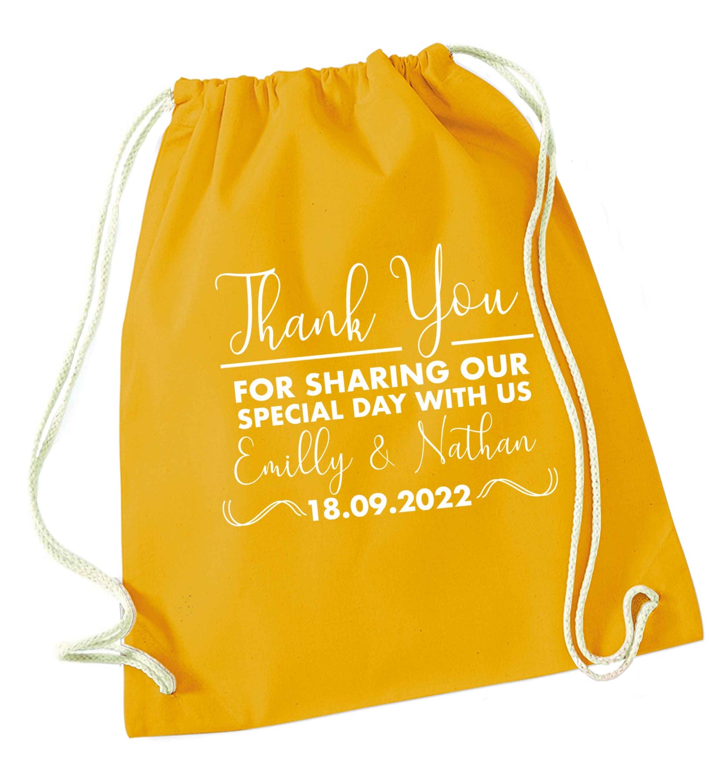 Gorgeous personalised and customisable wedding favour gifts! mustard drawstring bag