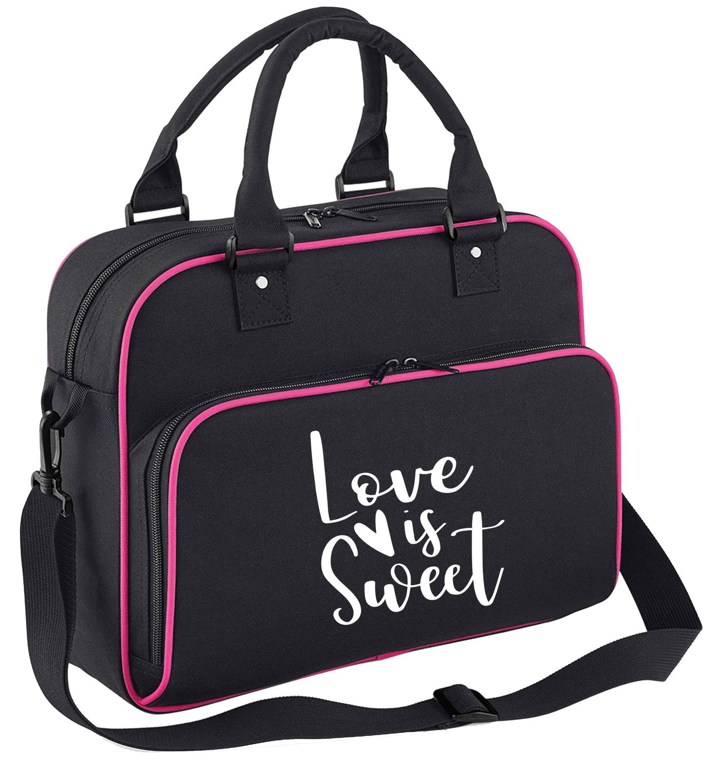 Love really does make the world go round! Ideal for weddings, valentines or just simply to show someone you love them!  children's dance bag black with pink detail